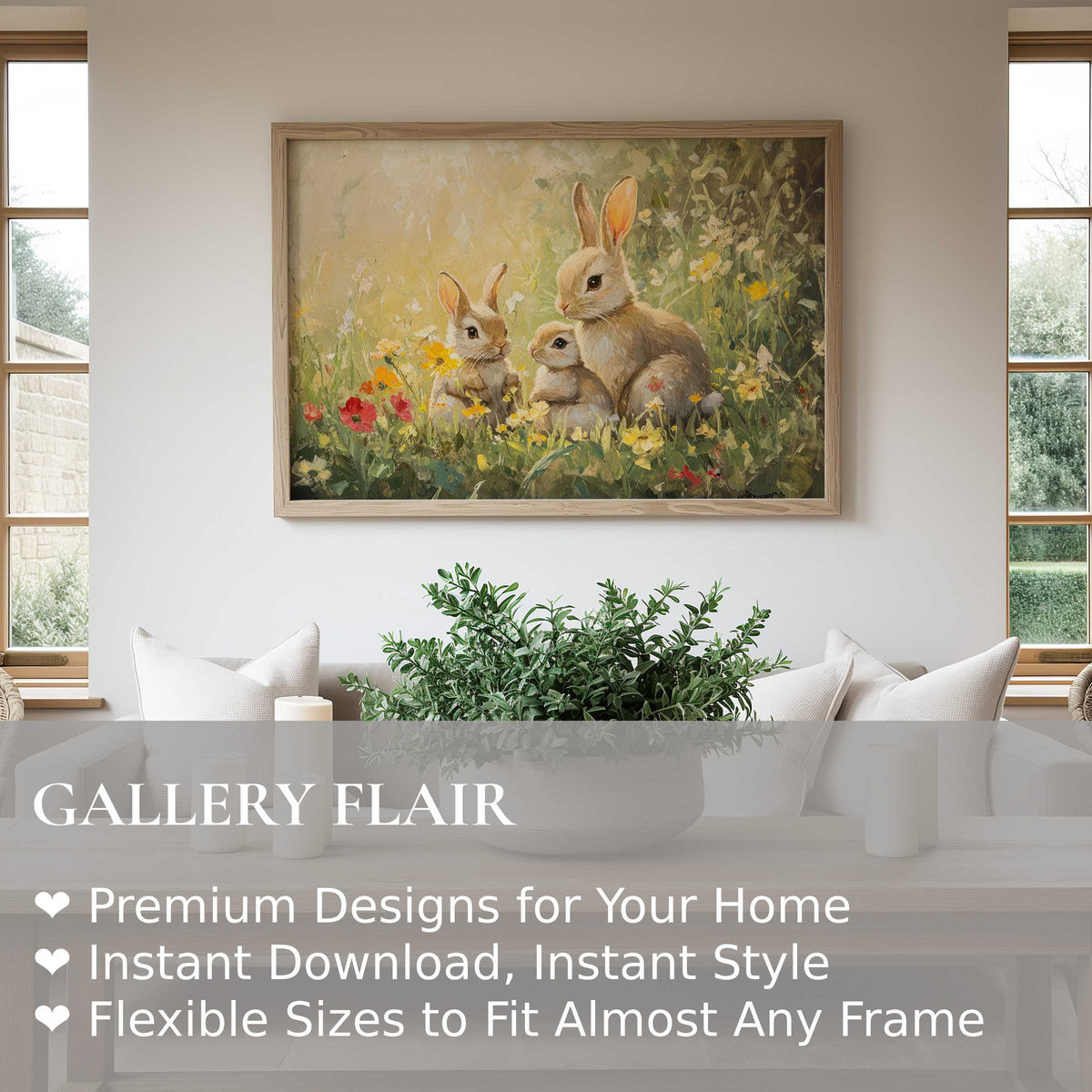 Easter wall art print featuring a radiant trio of rabbits in a lush, floral meadow; enhances serene, modern farmhouse spaces with cozy charm
