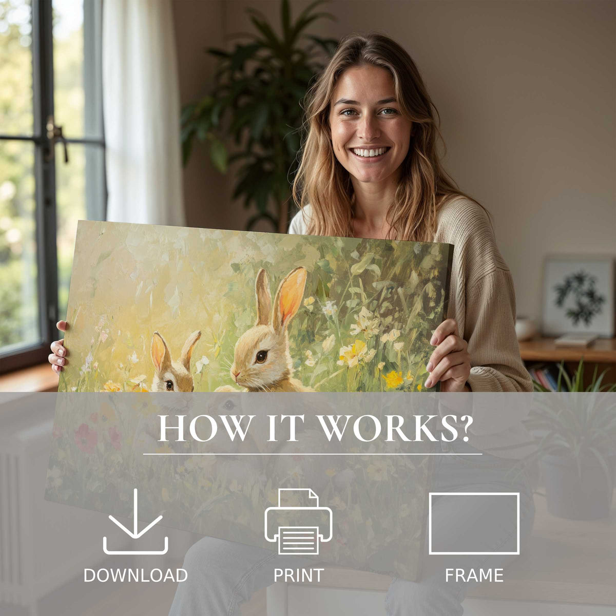 A serene moment of joy in a modern home as a woman connects with an Easter digital art print, celebrating nature’s warmth and effortless elegance