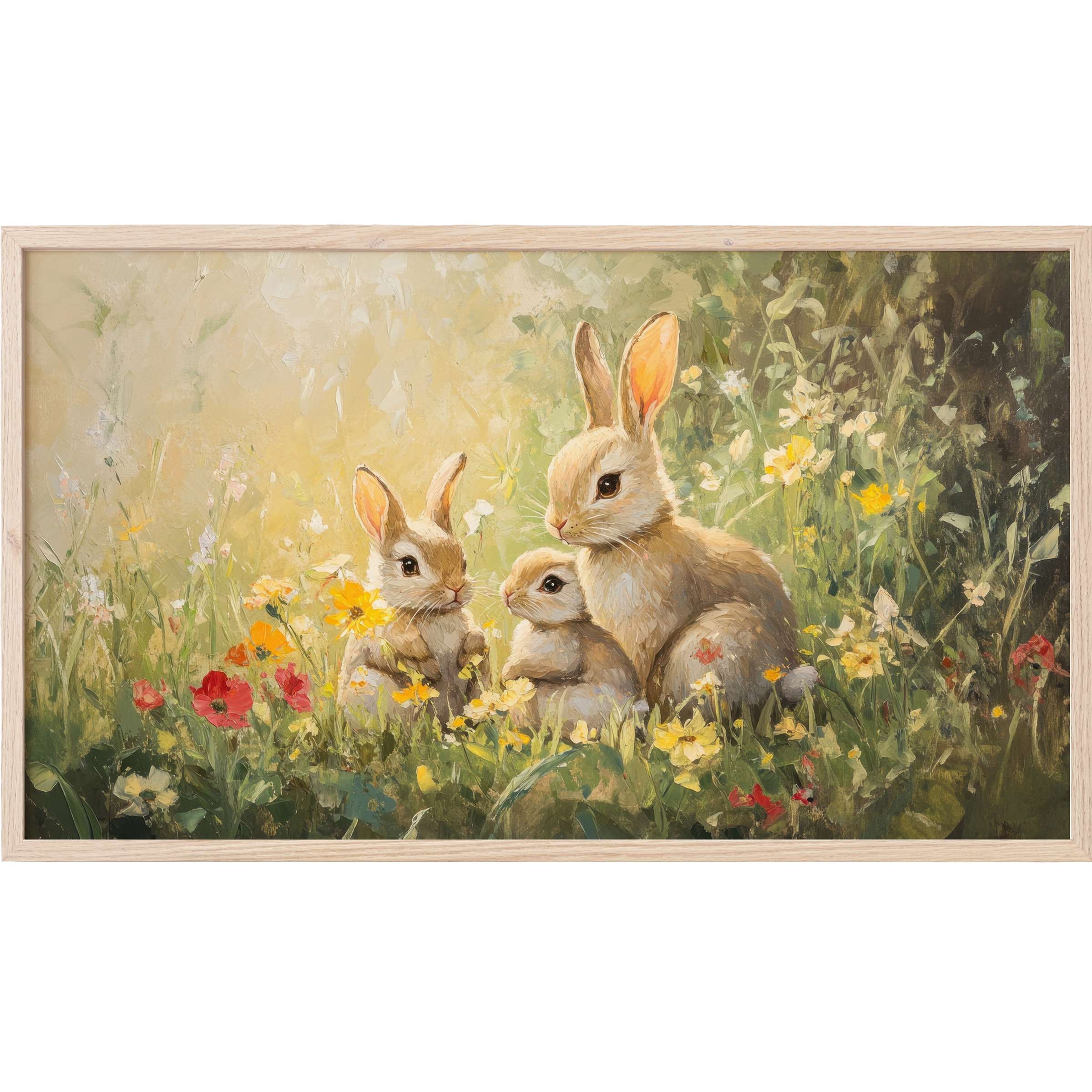 easter Frame TV Art of three soft-toned rabbits in a lush, impressionistic floral meadow with warm, earthy hues