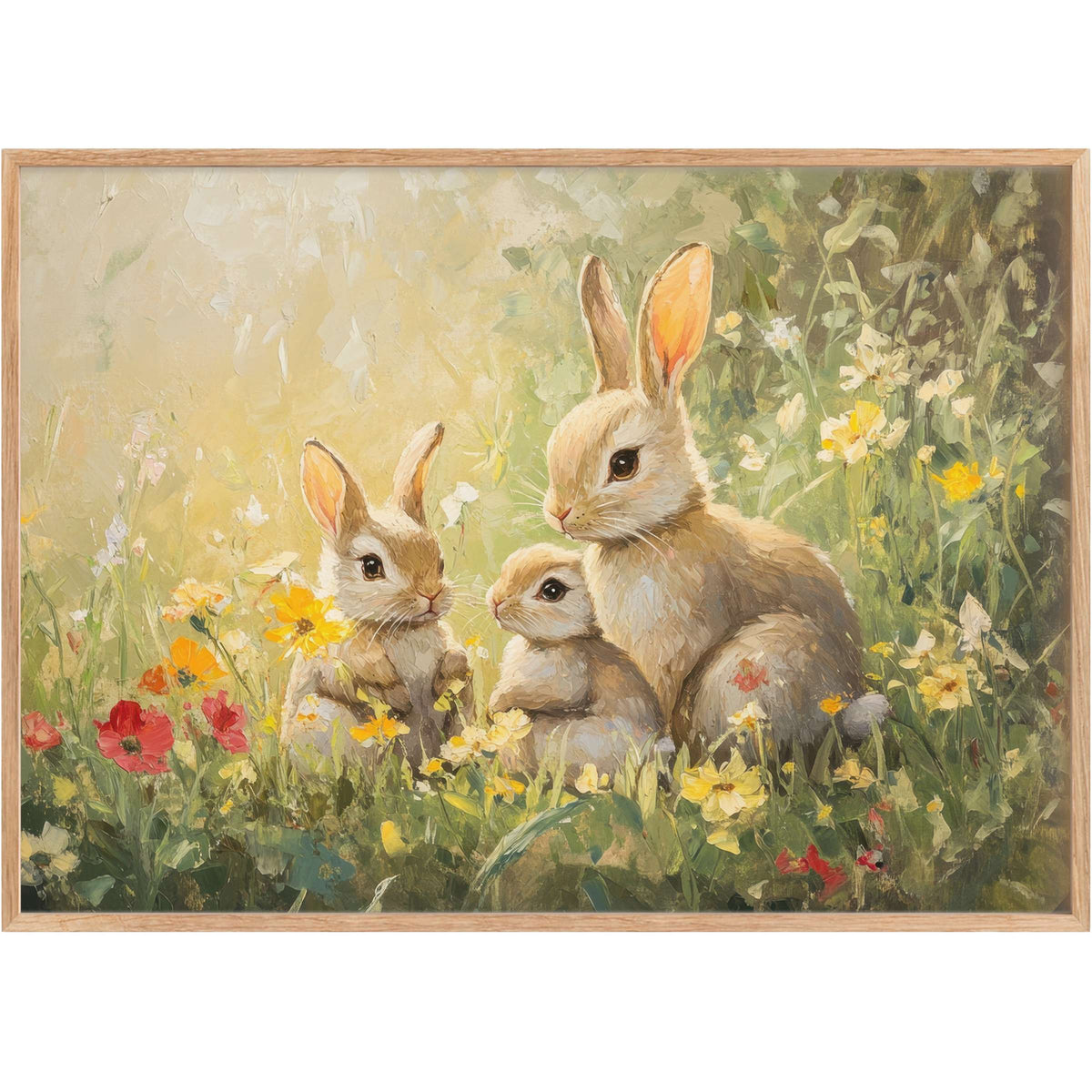 Easter printable wall art capturing a serene trio of rabbits bathed in warm sunlight, surrounded by vibrant wildflowers