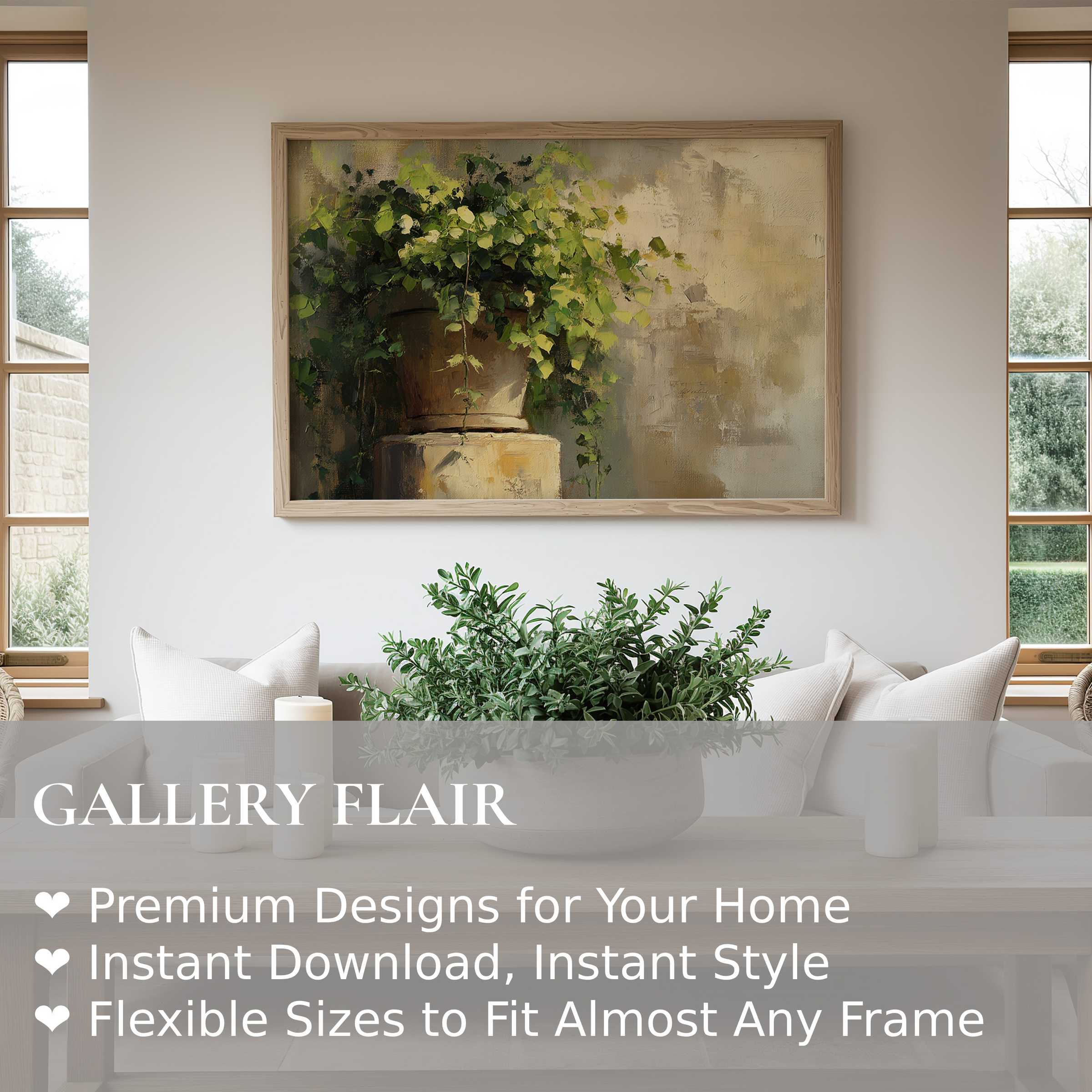 Botanical wall art print featuring lush greenery in soft, radiant tones elevates this serene modern living room with natural elegance