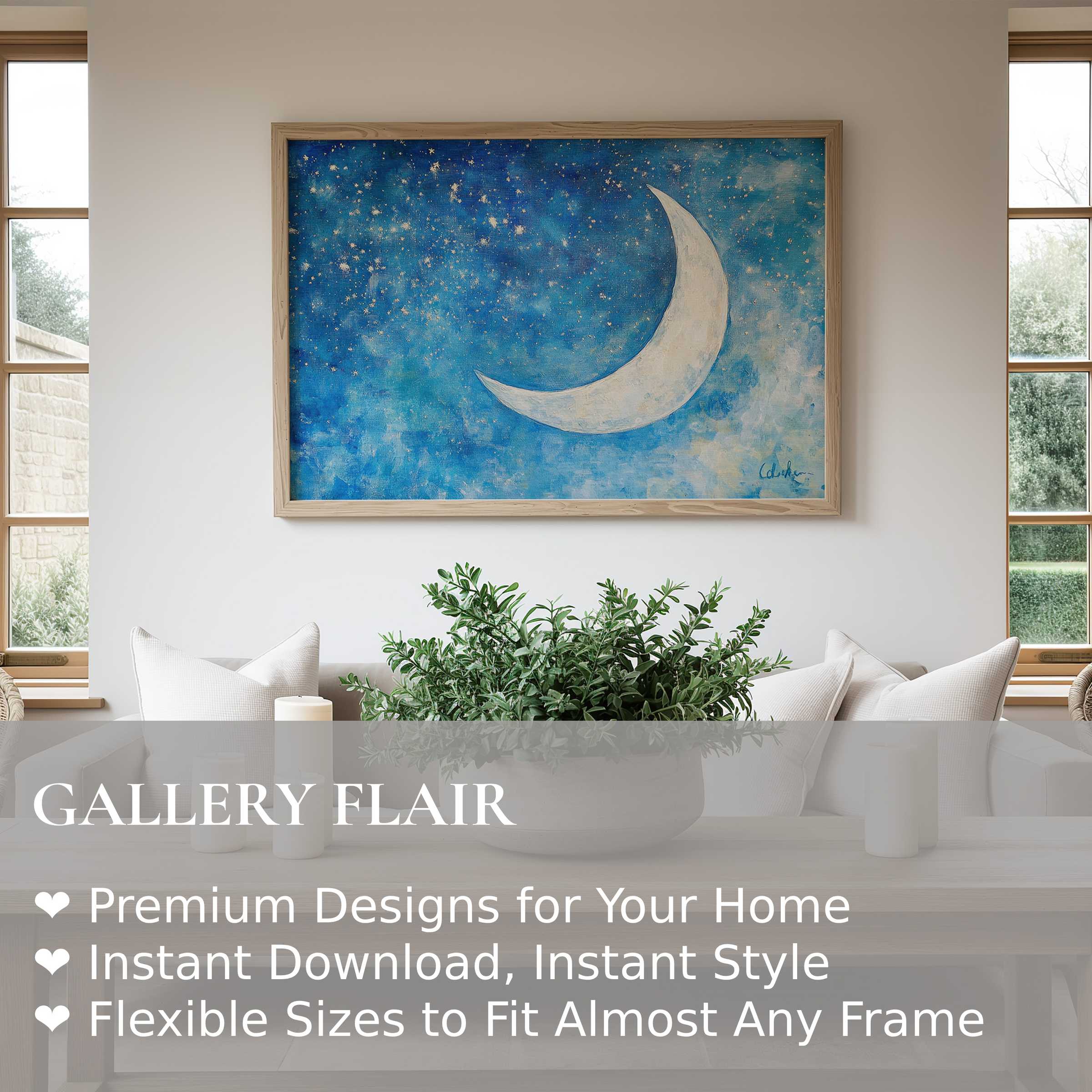 Elegant nursery wall art print with a serene crescent moon and starry sky, enhancing calming, modern nursery interiors