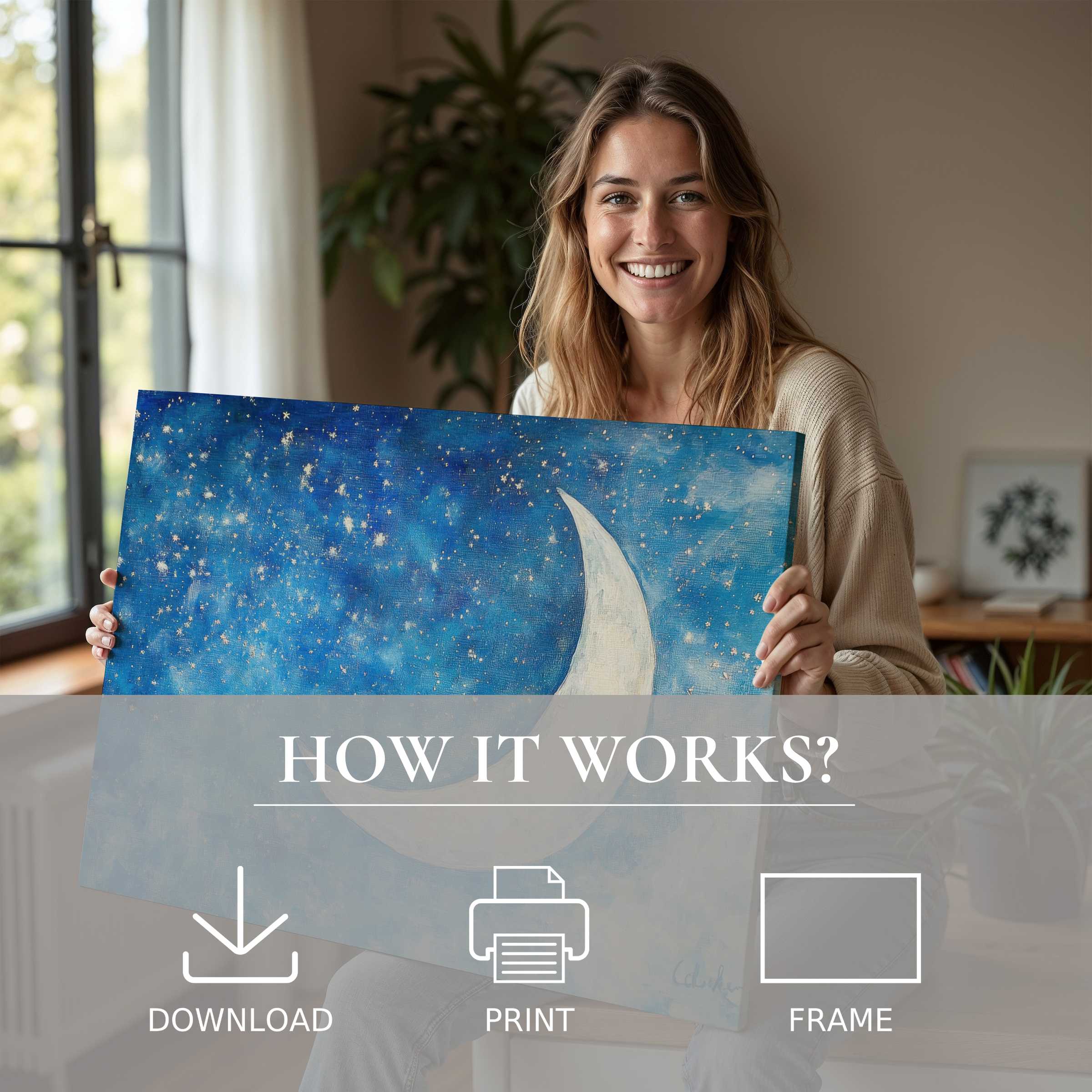 Radiant joy in a modern sanctuary as a nursery digital art print with celestial hues elevates daily living with effortless elegance