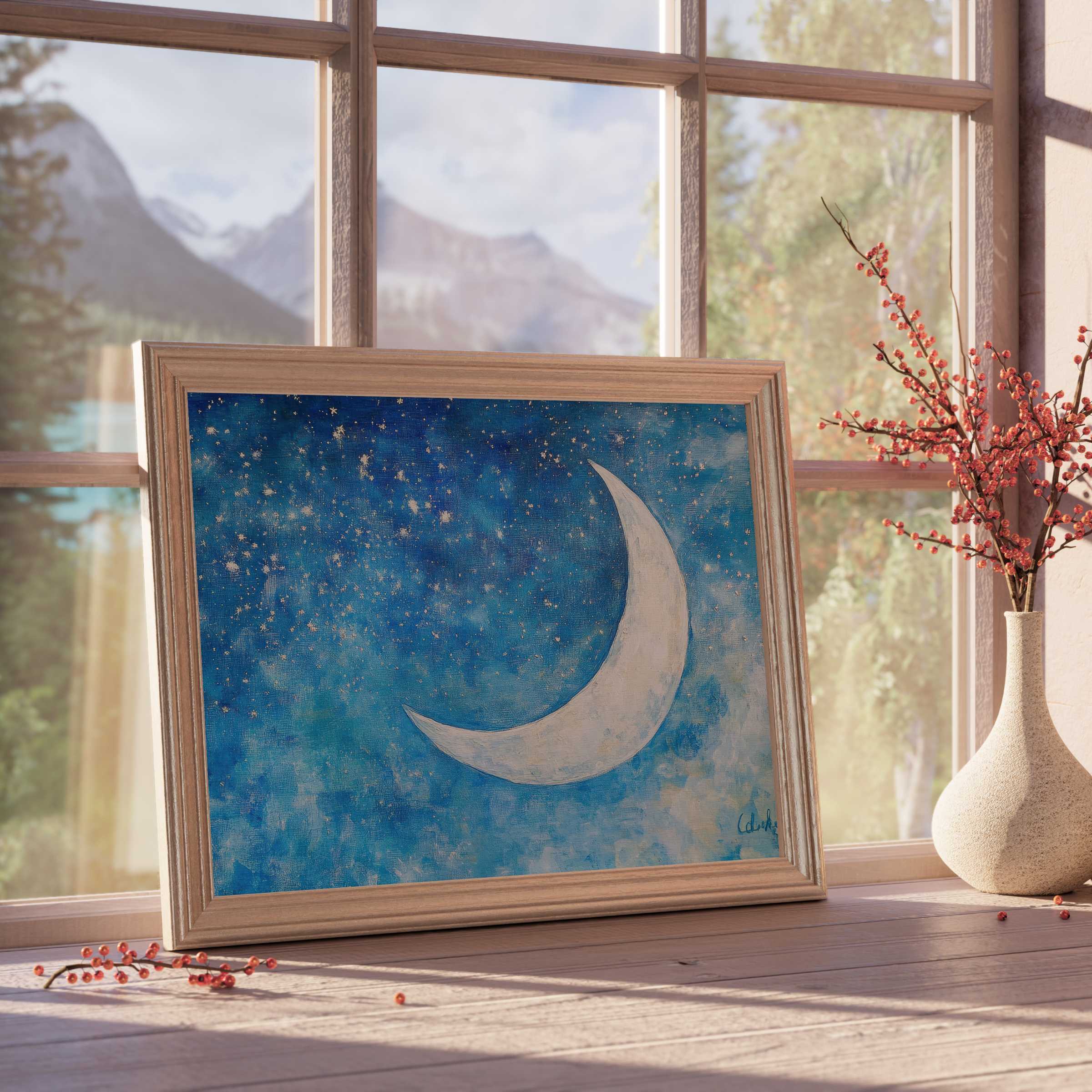 Nursery downloadable art featuring a serene crescent moon and twinkling stars, elevating tranquil, design-forward nurseries