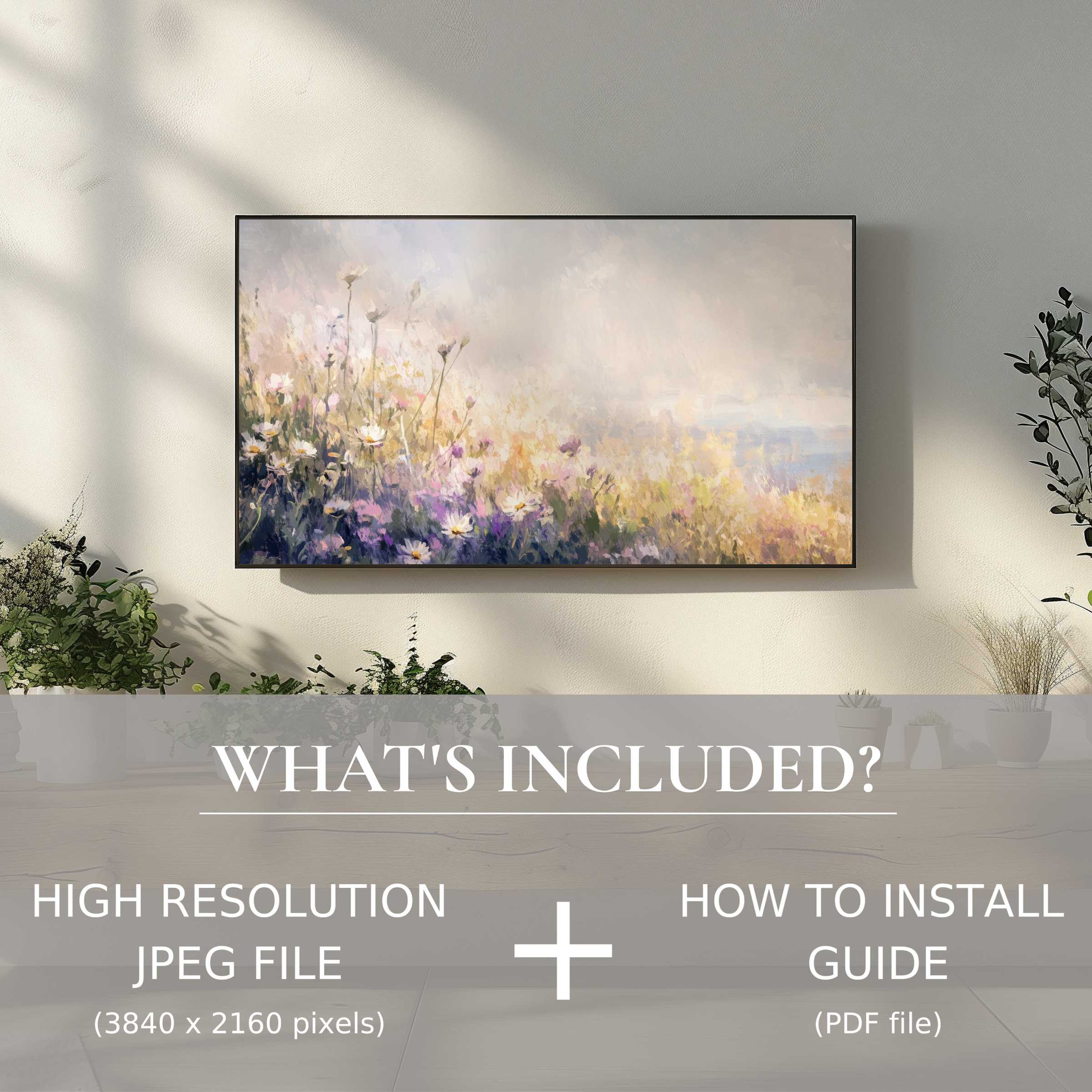 Elegant coastal digital TV art download brightens living space with easy digital use and refined floral serenity