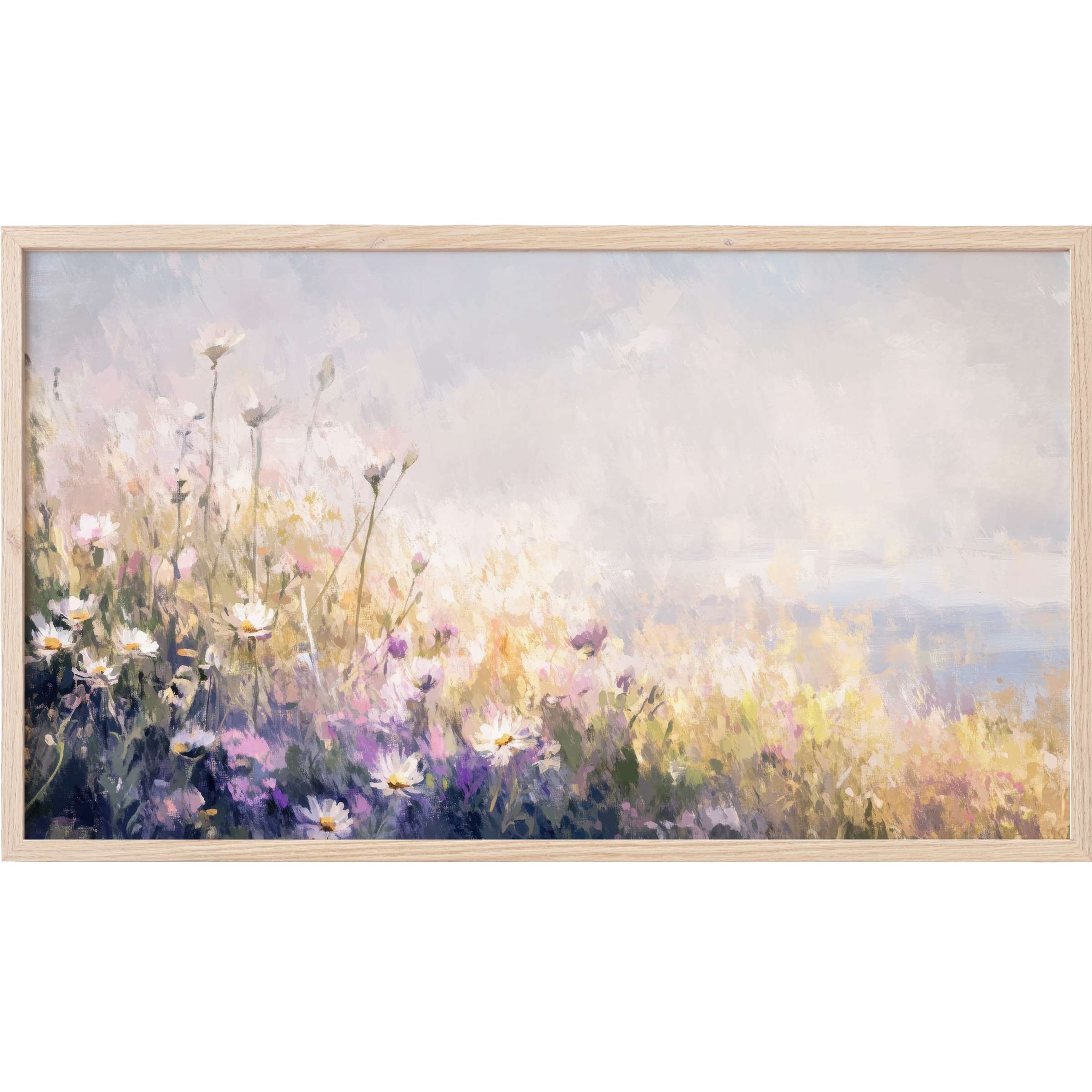Soft pastel wildflowers bloom in impressionist style against misty skies in this coastal Frame TV Art