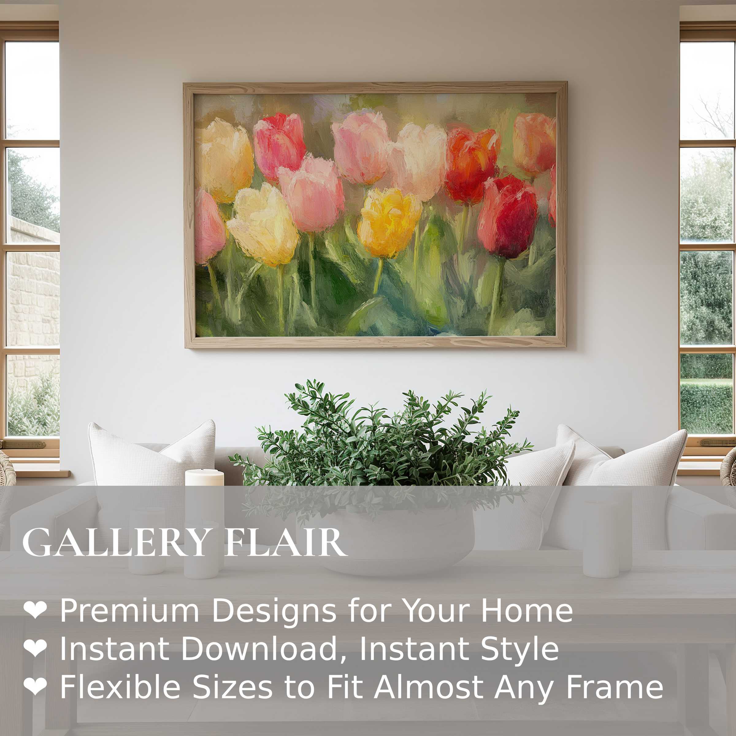 Spring wall art print featuring soft, radiant tulips in warm pinks, reds, and yellows, enhancing a serene modern living room with fresh, calming elegance