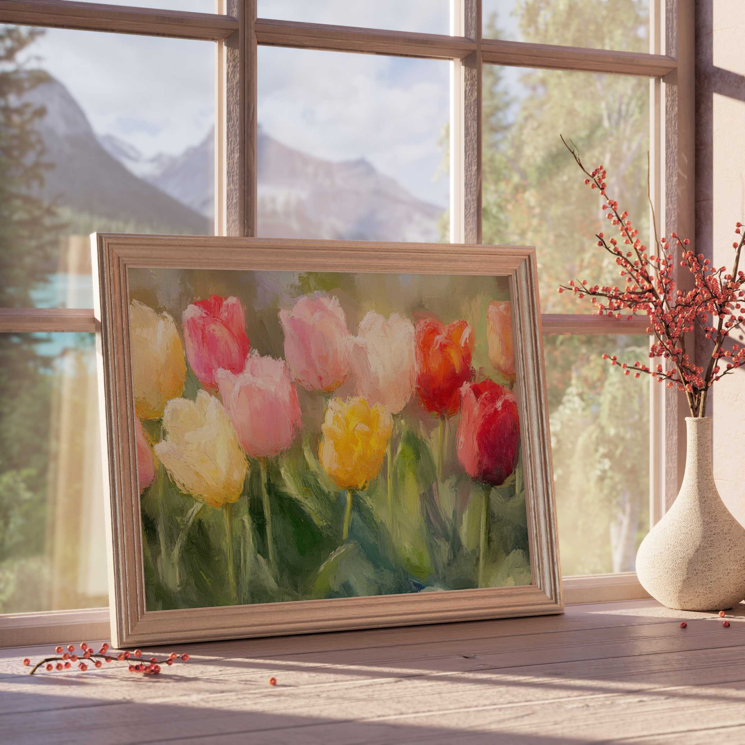Spring downloadable art featuring vibrant tulips in soft pastels and warm hues, elevating tranquil, curated interiors with floral elegance