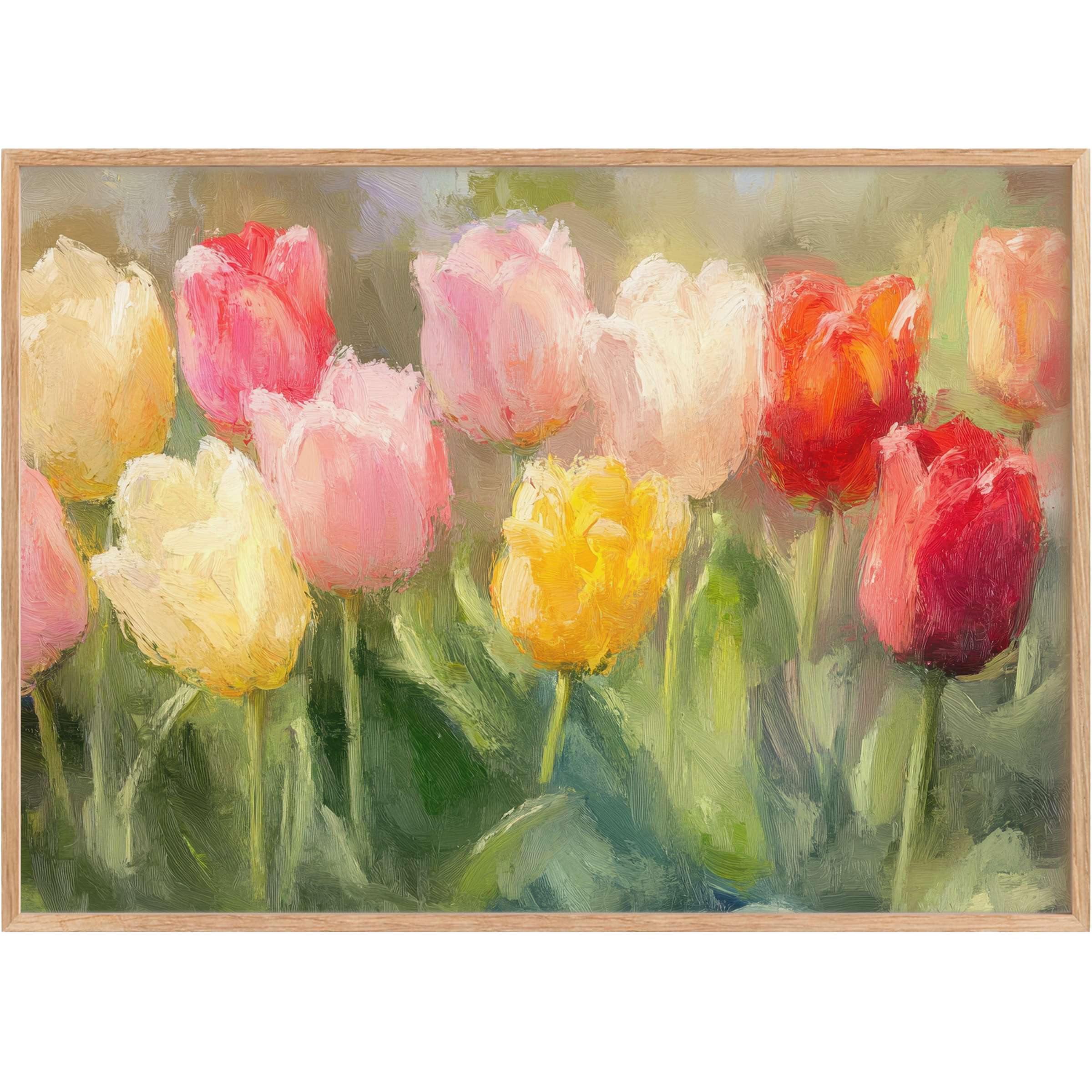 Radiant spring printable wall art with soft pink, yellow, and red tulips, evoking warmth and fresh elegance for refined spaces