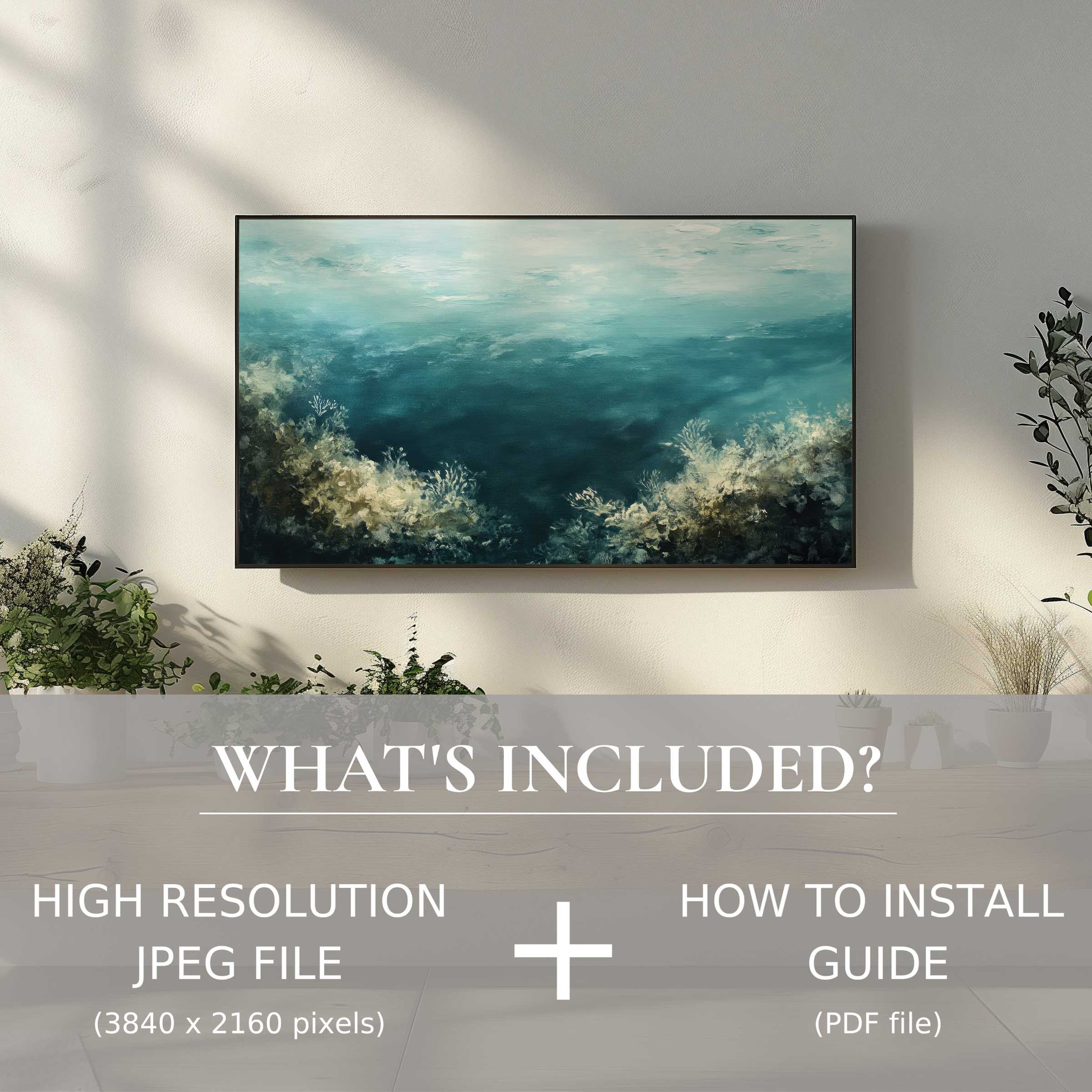 Elegant beach digital TV art download enhances modern living spaces, easy digital use with high-res file and install guide