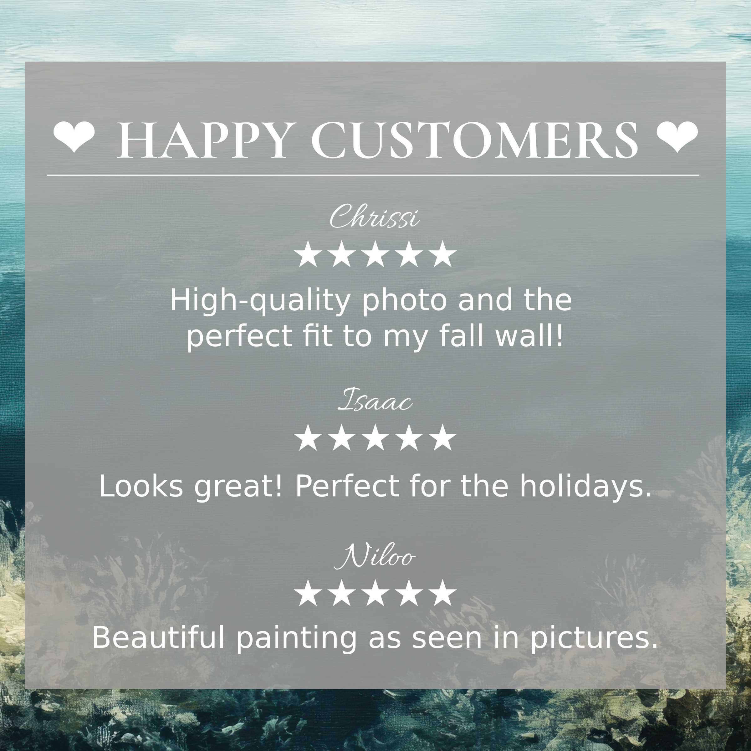 Beach art for Frame TV with abstract sunset tones, showcasing happy customer reviews and elegant trust-building design