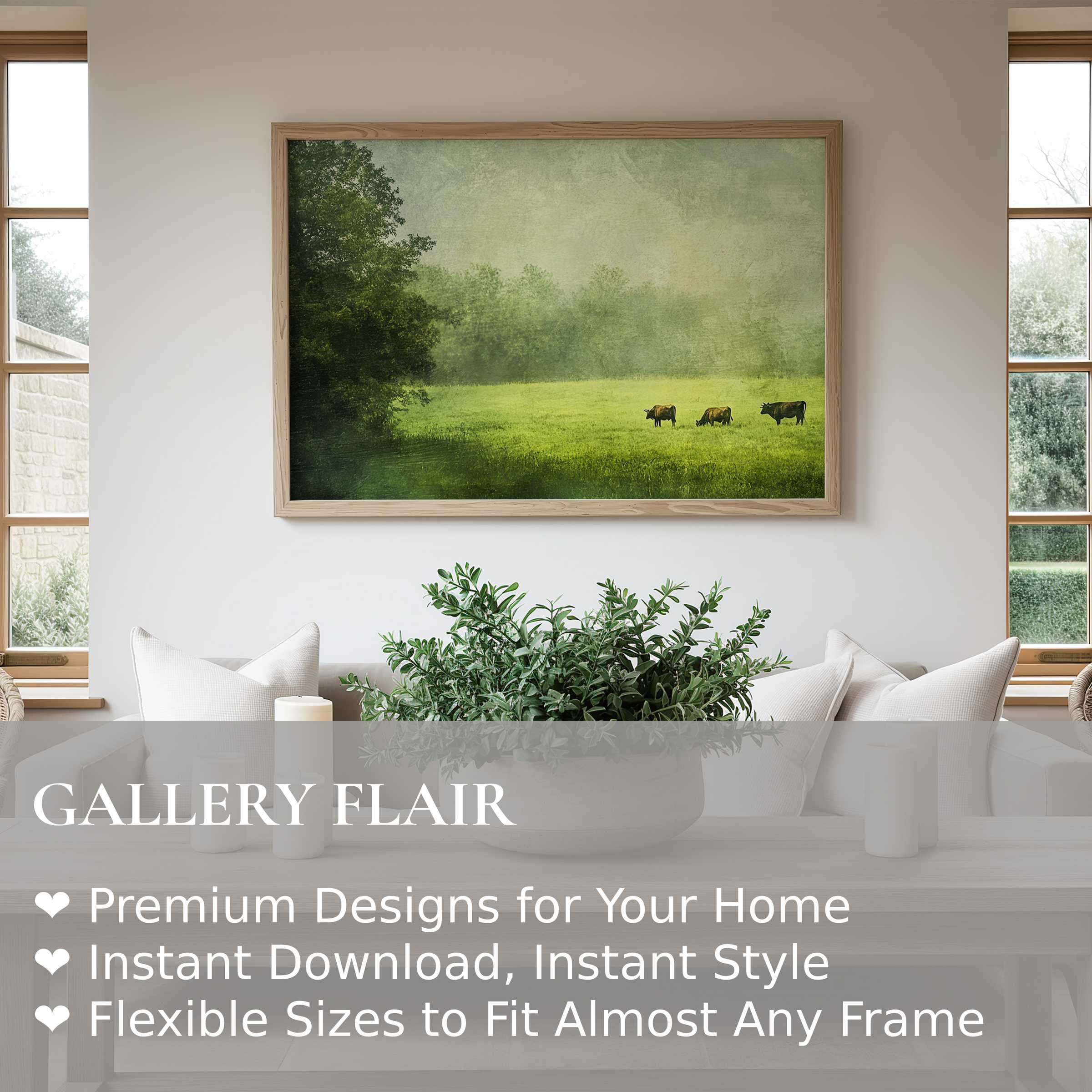 Tranquil farmhouse wall art print capturing serene green pastures and grazing cows, enhancing modern rustic interiors with calming natural elegance