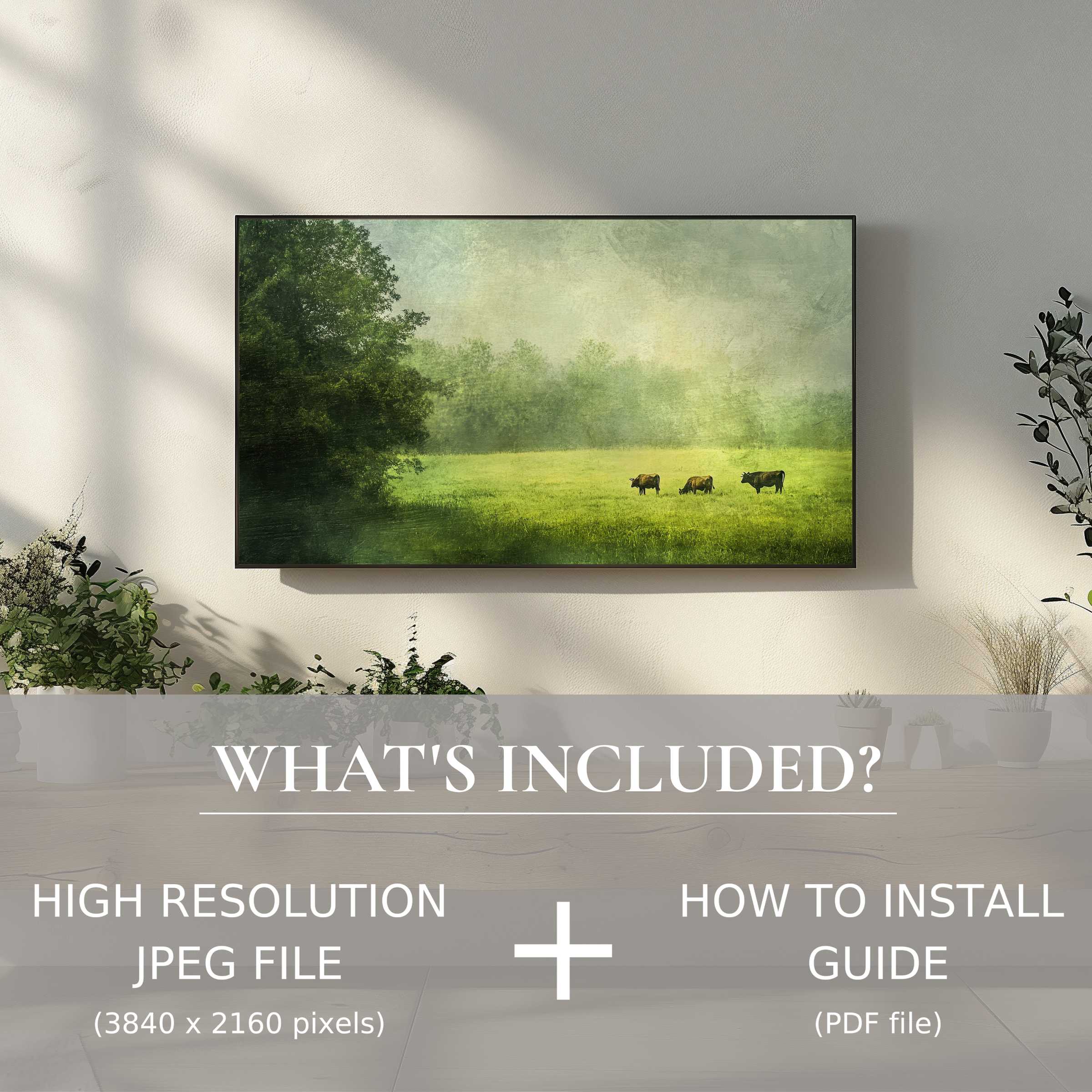 Elegant farmhouse digital TV art download, effortlessly enhancing living spaces with easy digital use and serene landscape