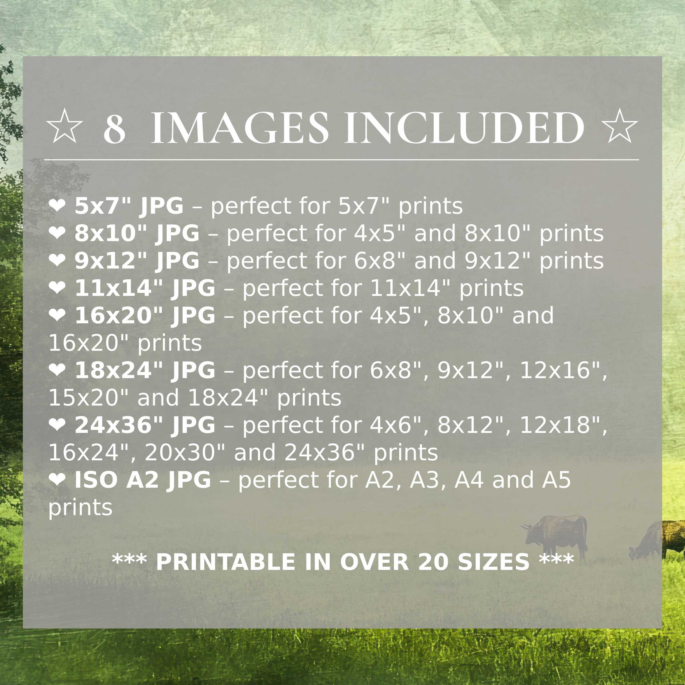 Radiant farmhouse digital print infused with lush greens and soft blues, elevating modern interiors with style and flexibility Includes 8 high-quality sizes