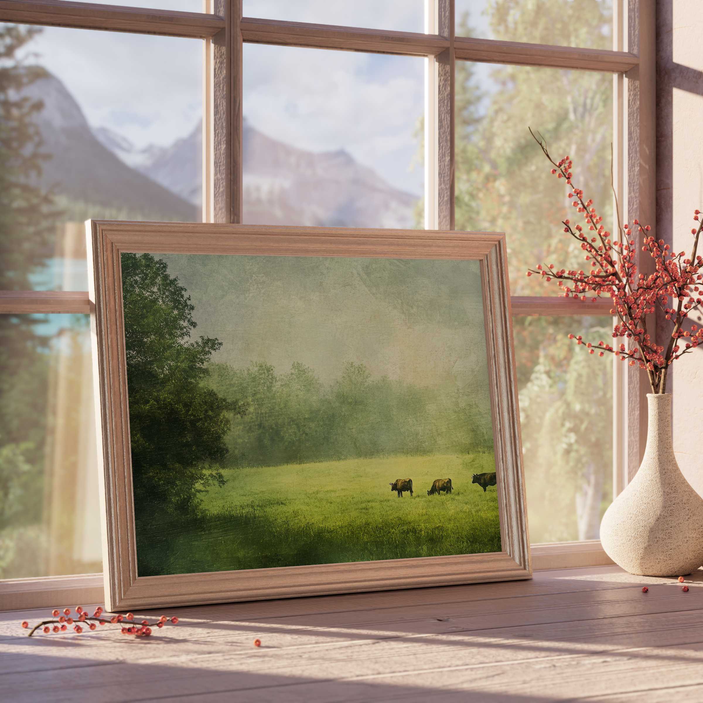 Farmhouse downloadable art capturing serene pastures with grazing cows, perfect for elevating tranquil, curated rustic interiors