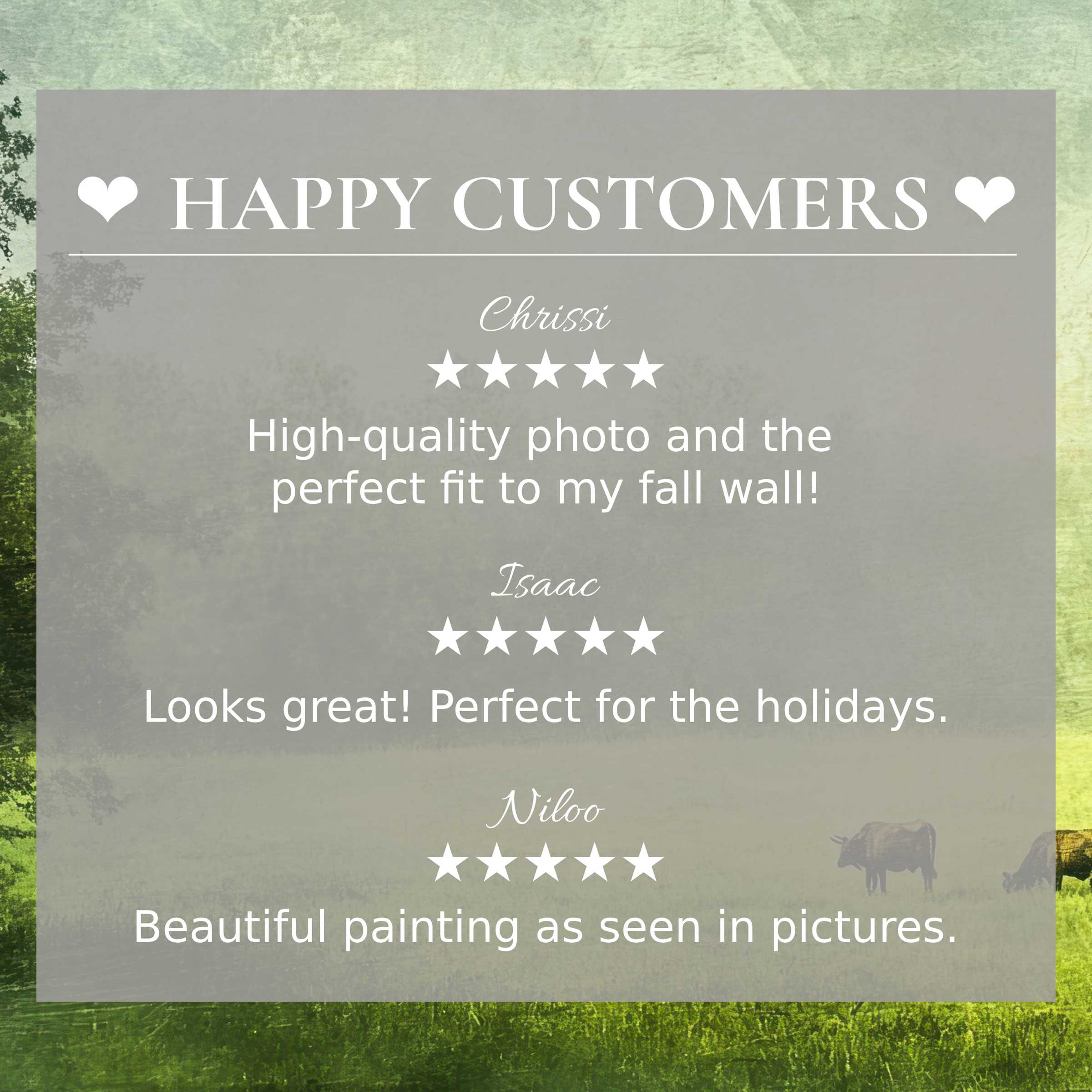 Farmhouse art for Frame TV with abstract sunset hues, showcasing happy customer reviews to inspire trust and elegance