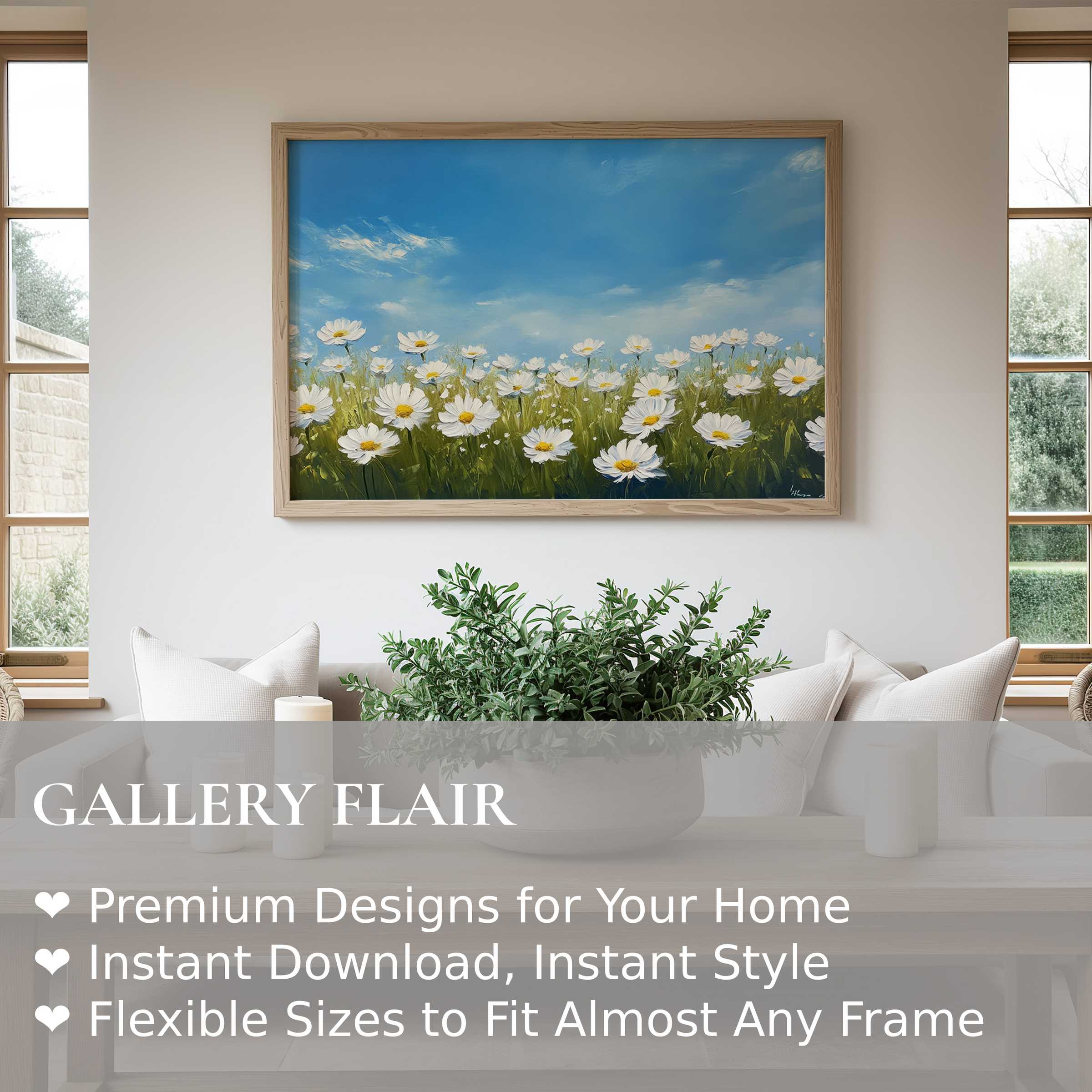 Radiant floral wall art print featuring blooming daisies under a bright sky; enhances serene, modern farmhouse interiors