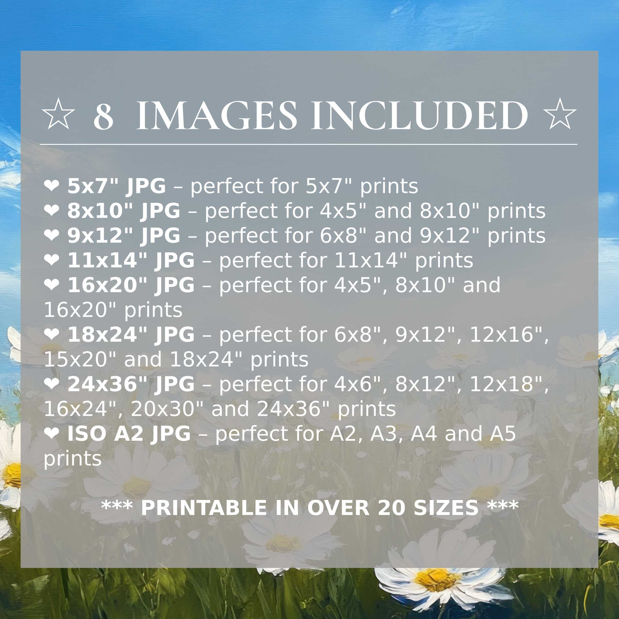 Radiant floral digital print featuring soft white petals and golden centers against a vivid blue sky, elevating modern interiors with style and flexibility Includes 8 high-quality sizes in one seamless download