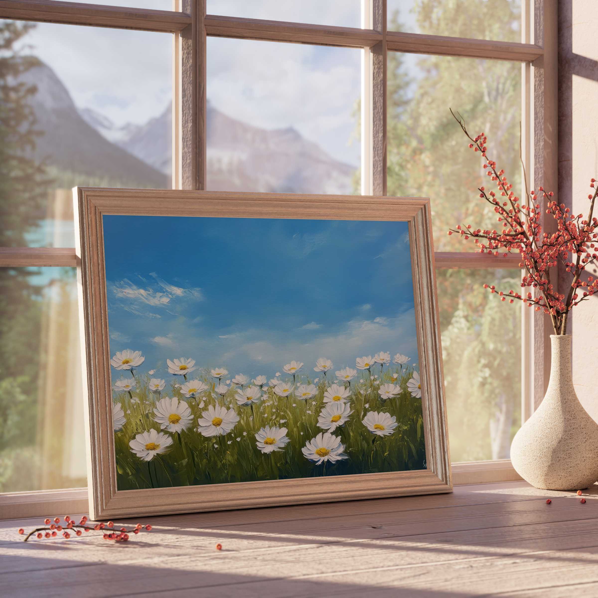 Floral downloadable art showcasing serene daisies under a bright blue sky, perfect for elevating curated, tranquil interiors