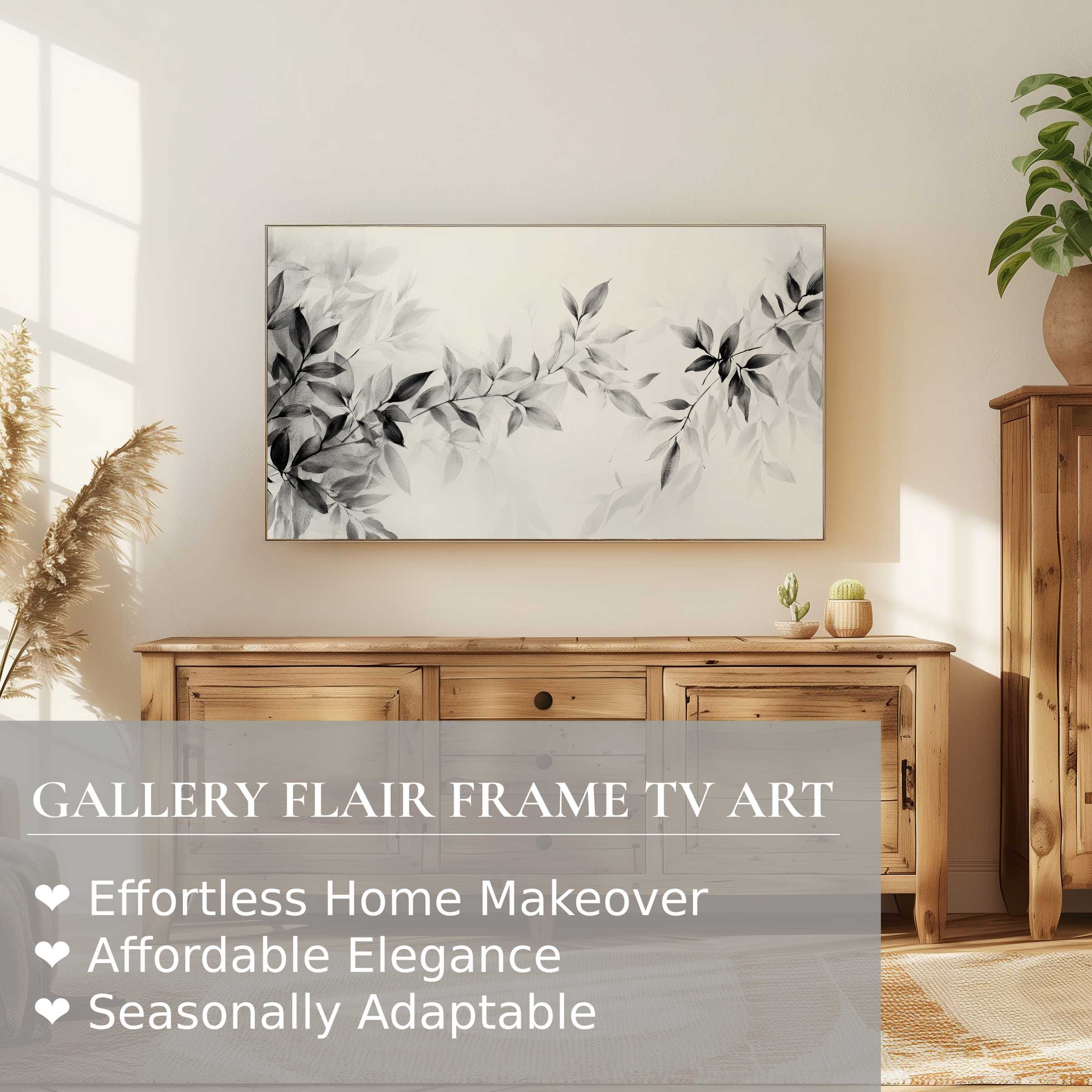 Neutral digital artwork of delicate leaves displayed on Samsung Frame TV in warm, natural wood setting, perfect for elegant decor