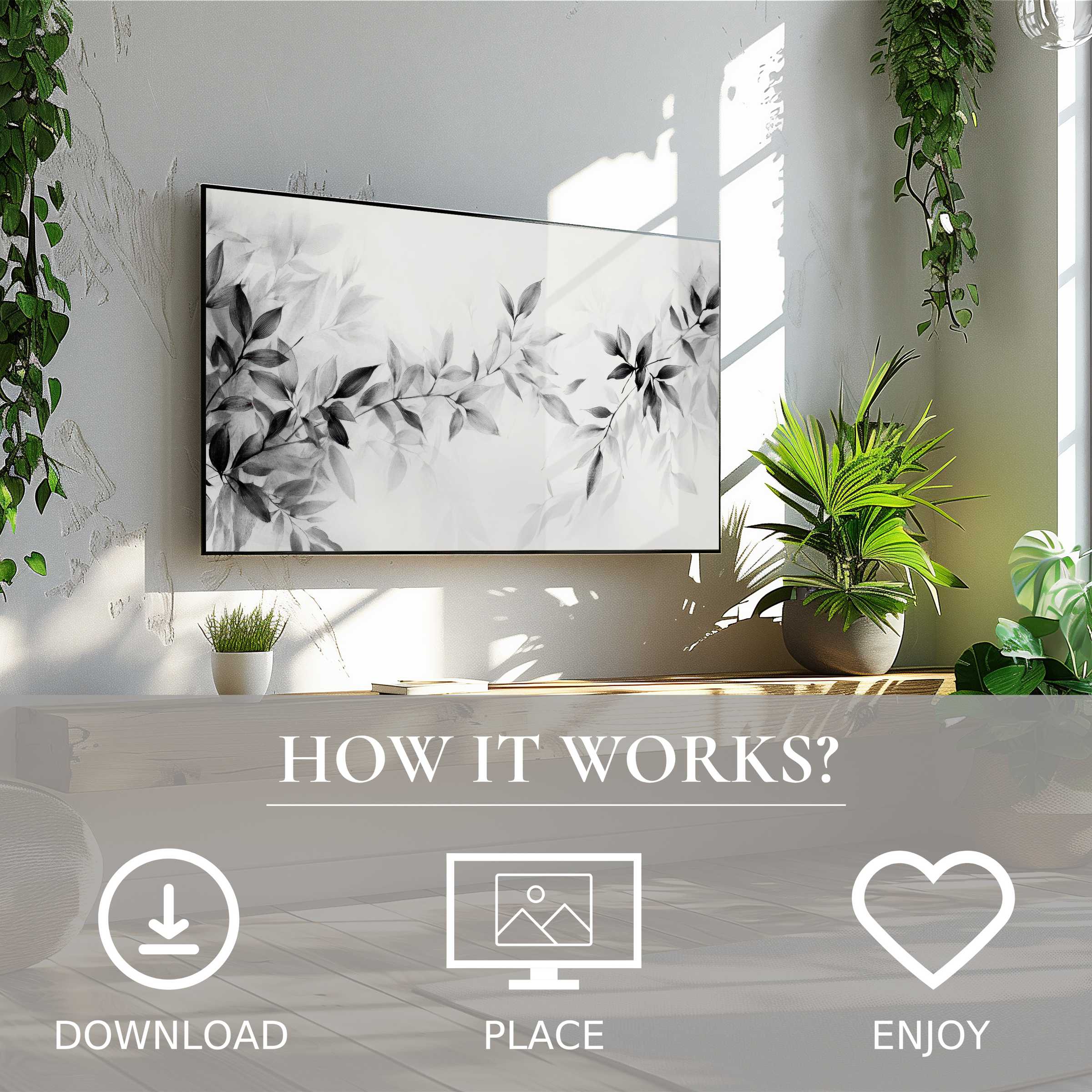 Neutral art for Samsung TV showing soft monochrome leaf motif, easy digital download enriches modern living space