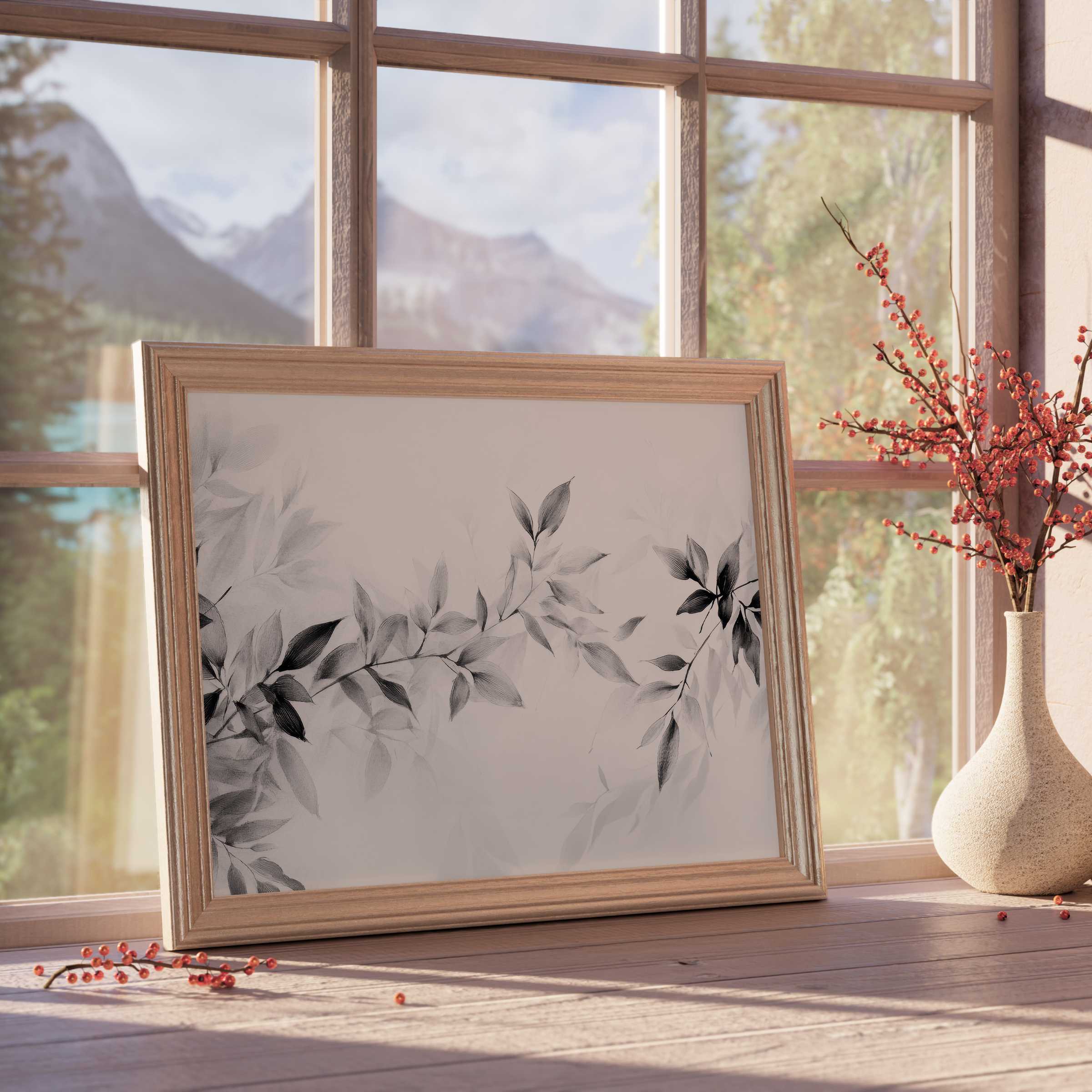 Ethereal neutral downloadable art with delicate monochrome leaves, elevating tranquil, curated spaces with timeless elegance