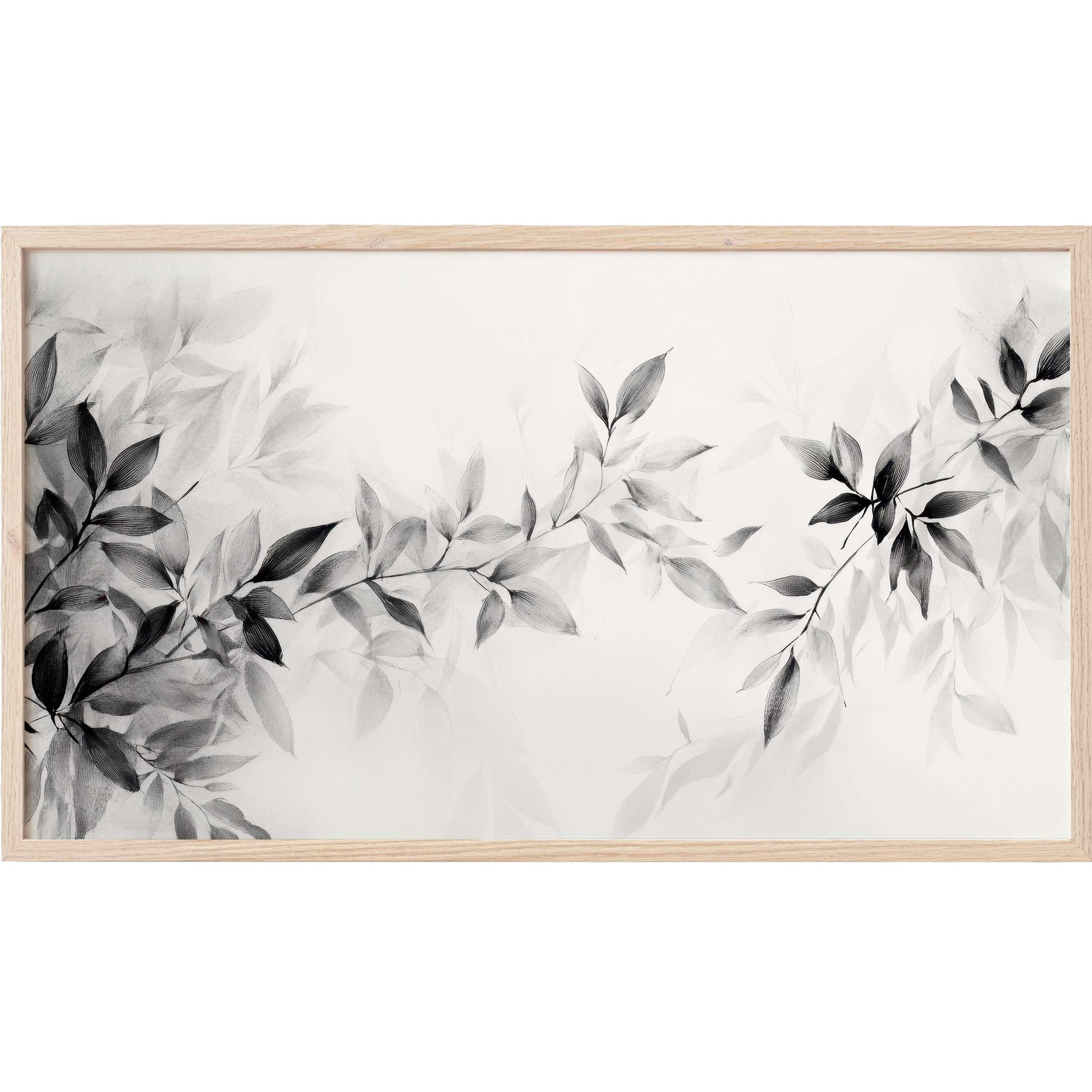 Elegant monochrome leaves in soft grays and blacks, framed in light wood, perfect neutral Frame TV Art