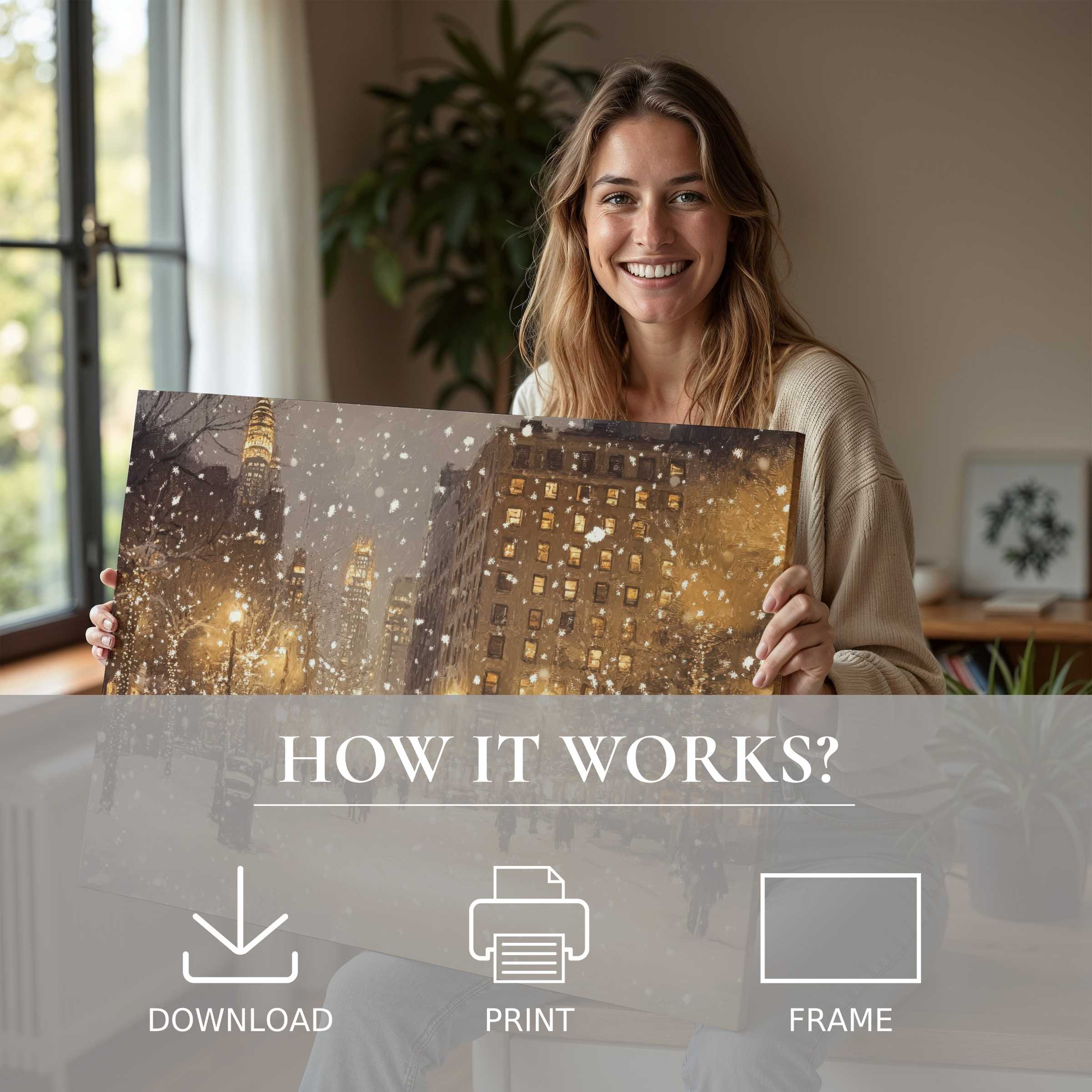 Refined woman radiates joy in a modern home, embracing a Christmas digital art print that sparks warmth and festive connection