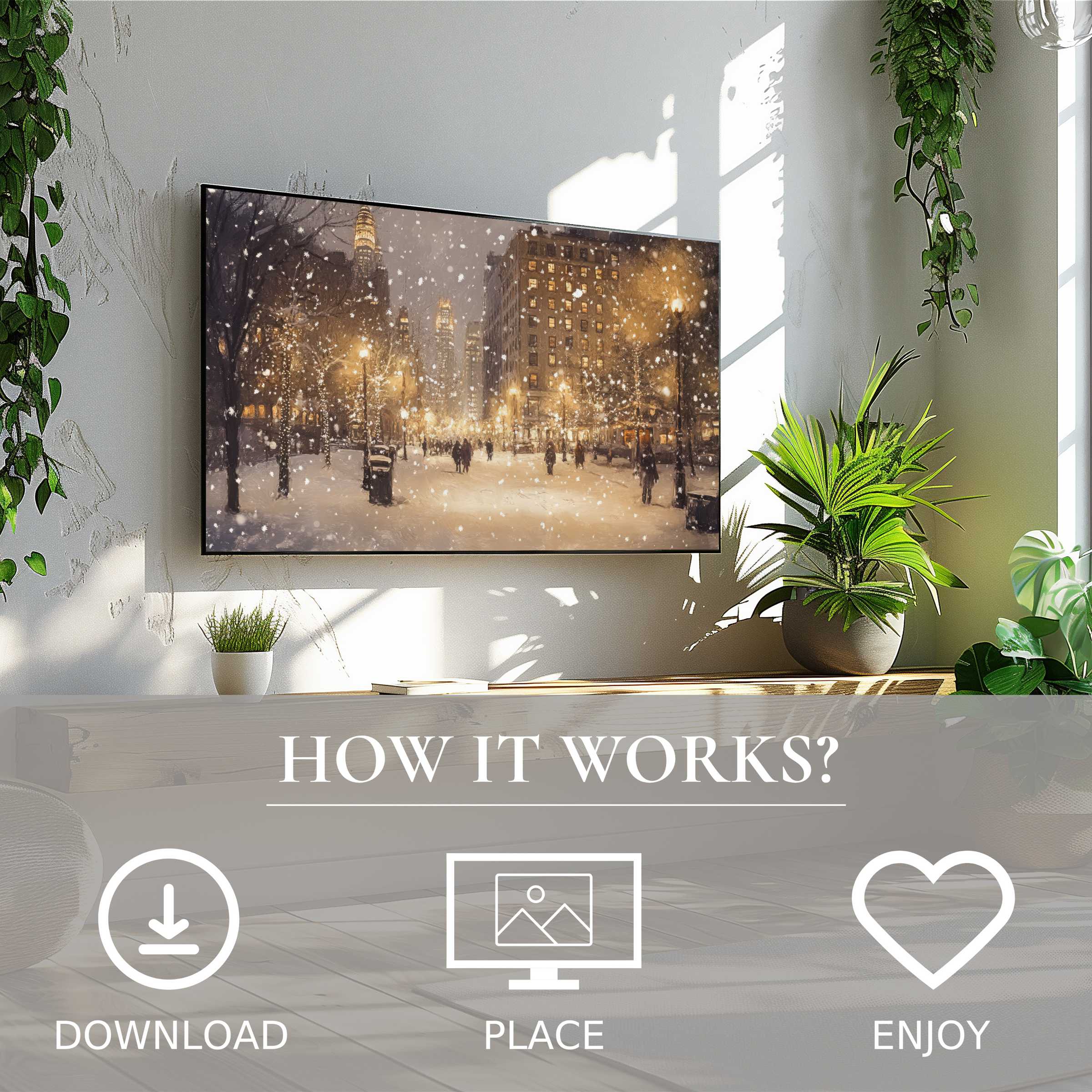 Modern living room with plants and warm city snow scene on Samsung Frame TV; easy digital download christmas art for Samsung TV