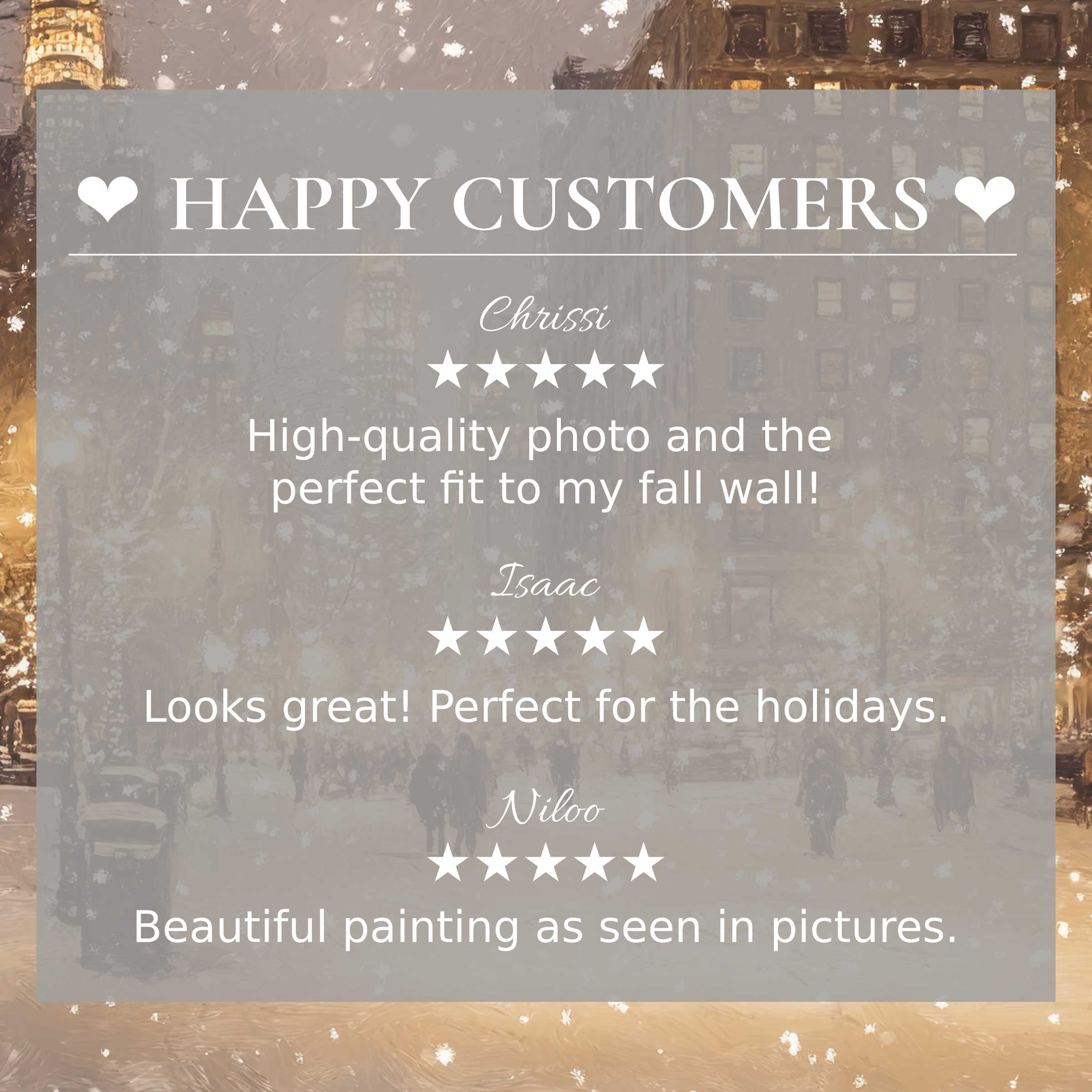 Elegant christmas art for Frame TV with warm cityscape background, building trust via happy customer reviews