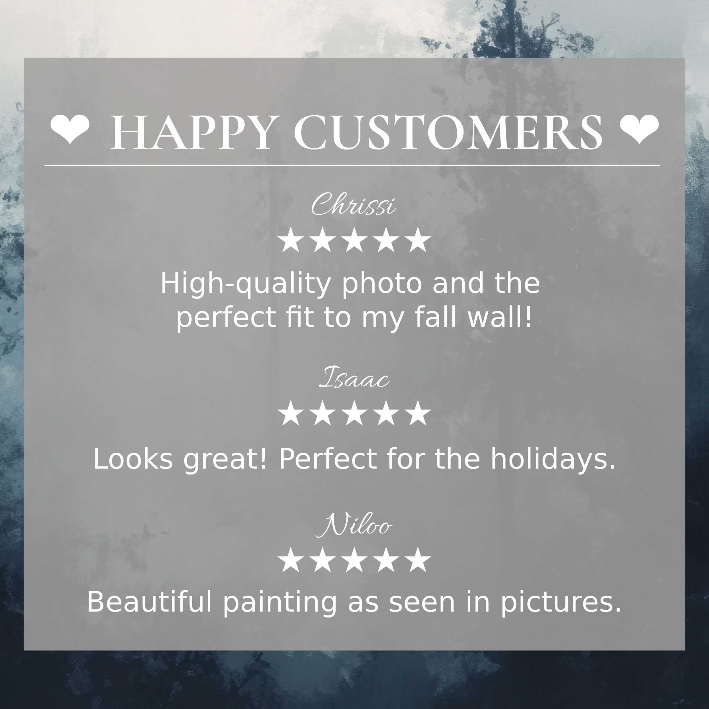 Elegant blue-gray abstract background with glowing testimonials from happy customers, showcasing landscape art for Frame TV