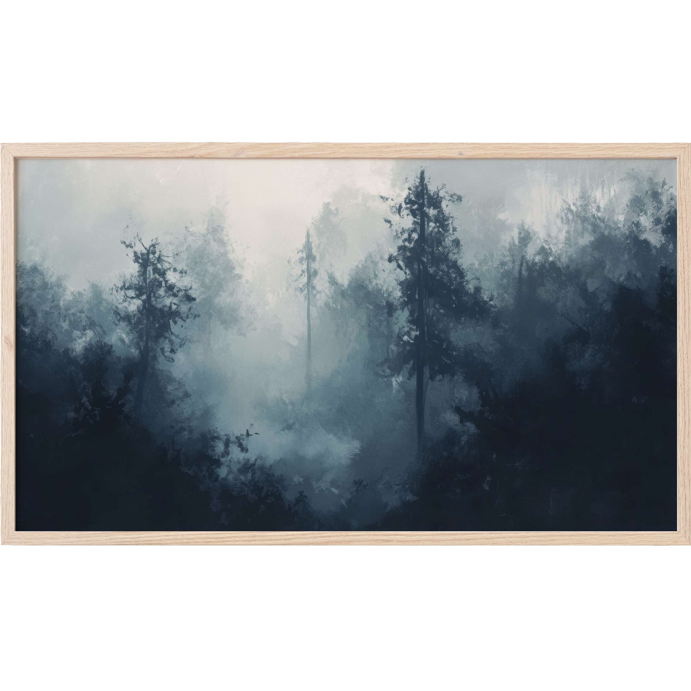 Moody blue and gray forest mist landscape Frame TV Art in a soft, textured, modern impressionist style