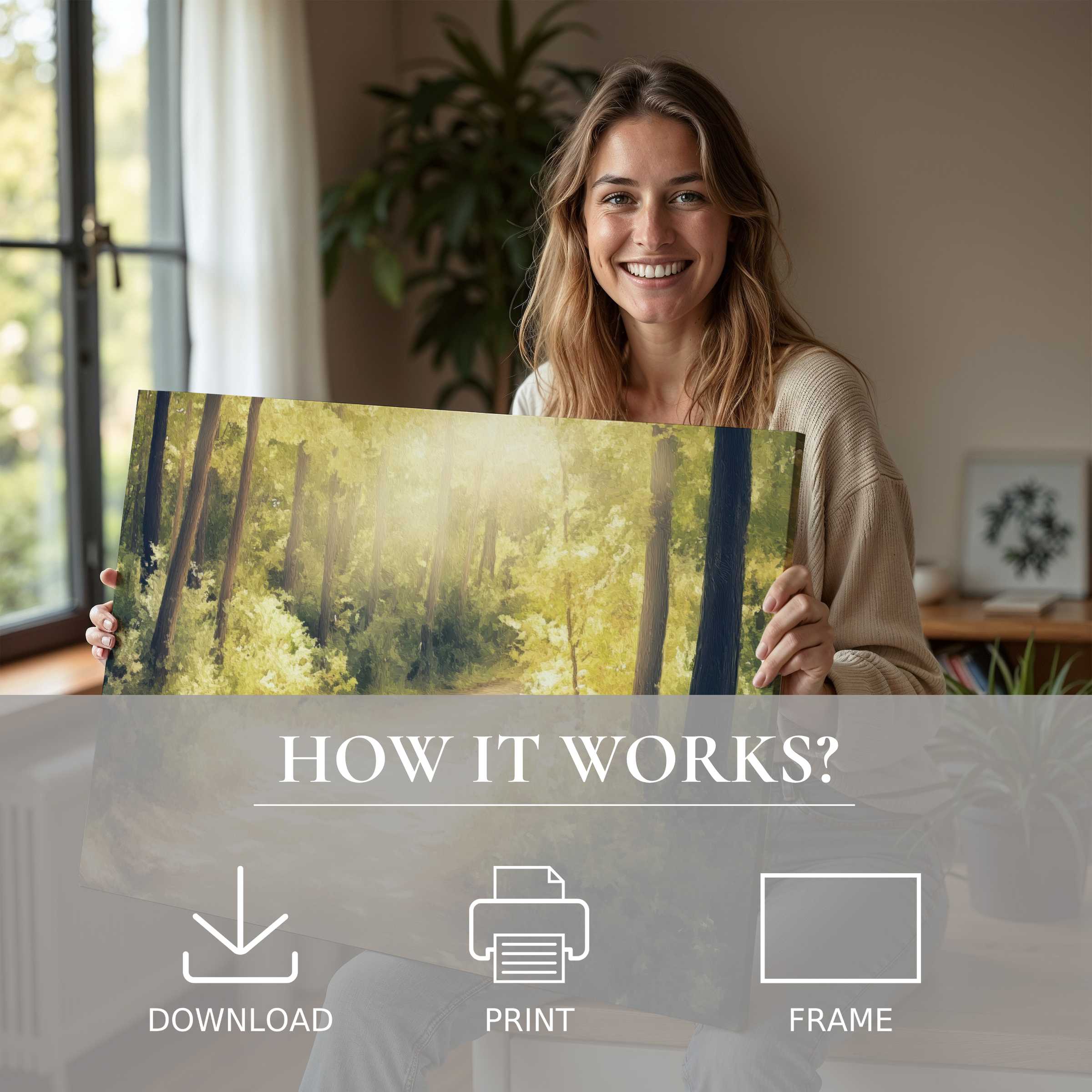 A radiant woman in a sleek, serene home cherishes a vintage digital art print of sunlit forest hues, embodying the joy of effortless art living