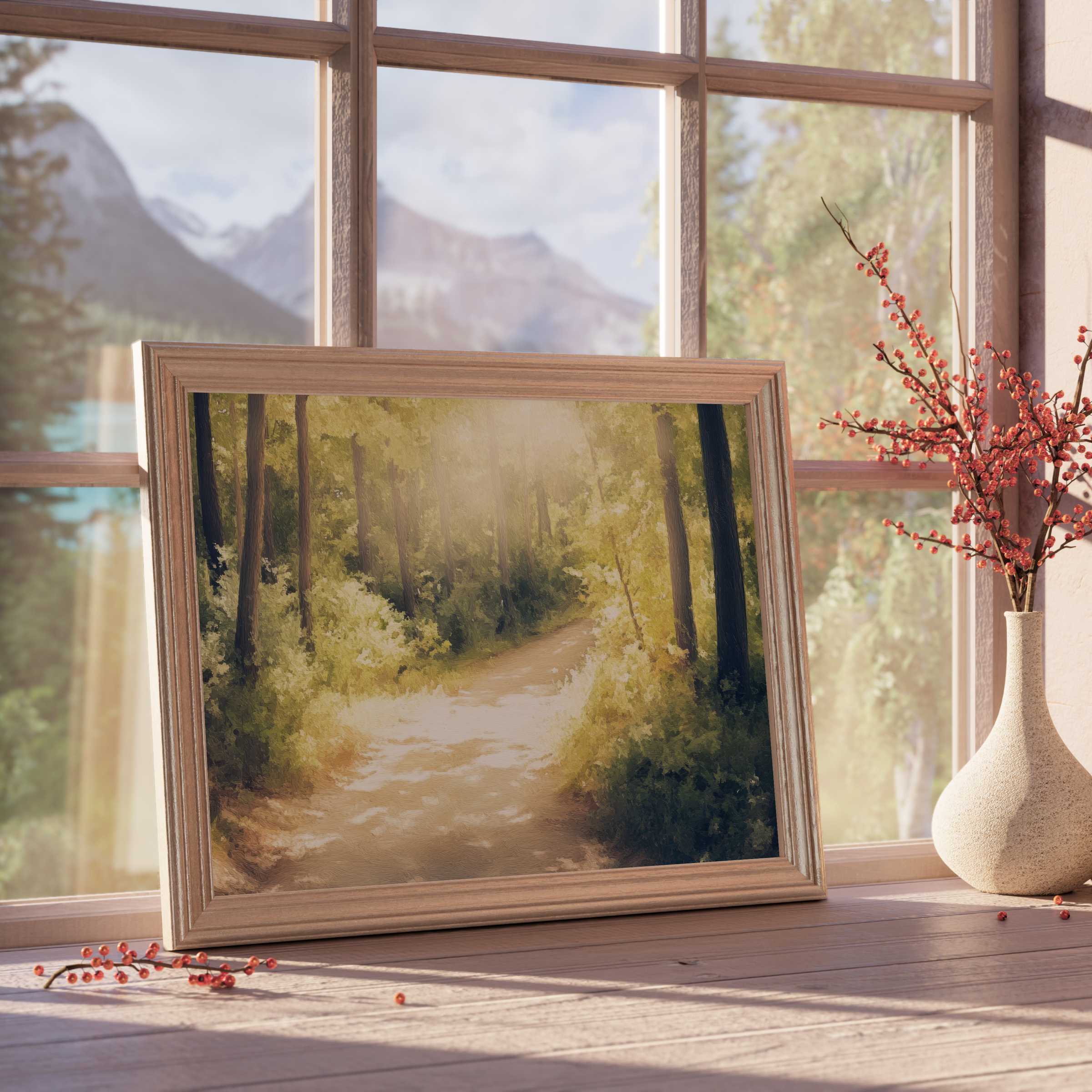 Vintage downloadable art capturing a sunlit forest path, evoking calm and warmth for serene, curated interiors