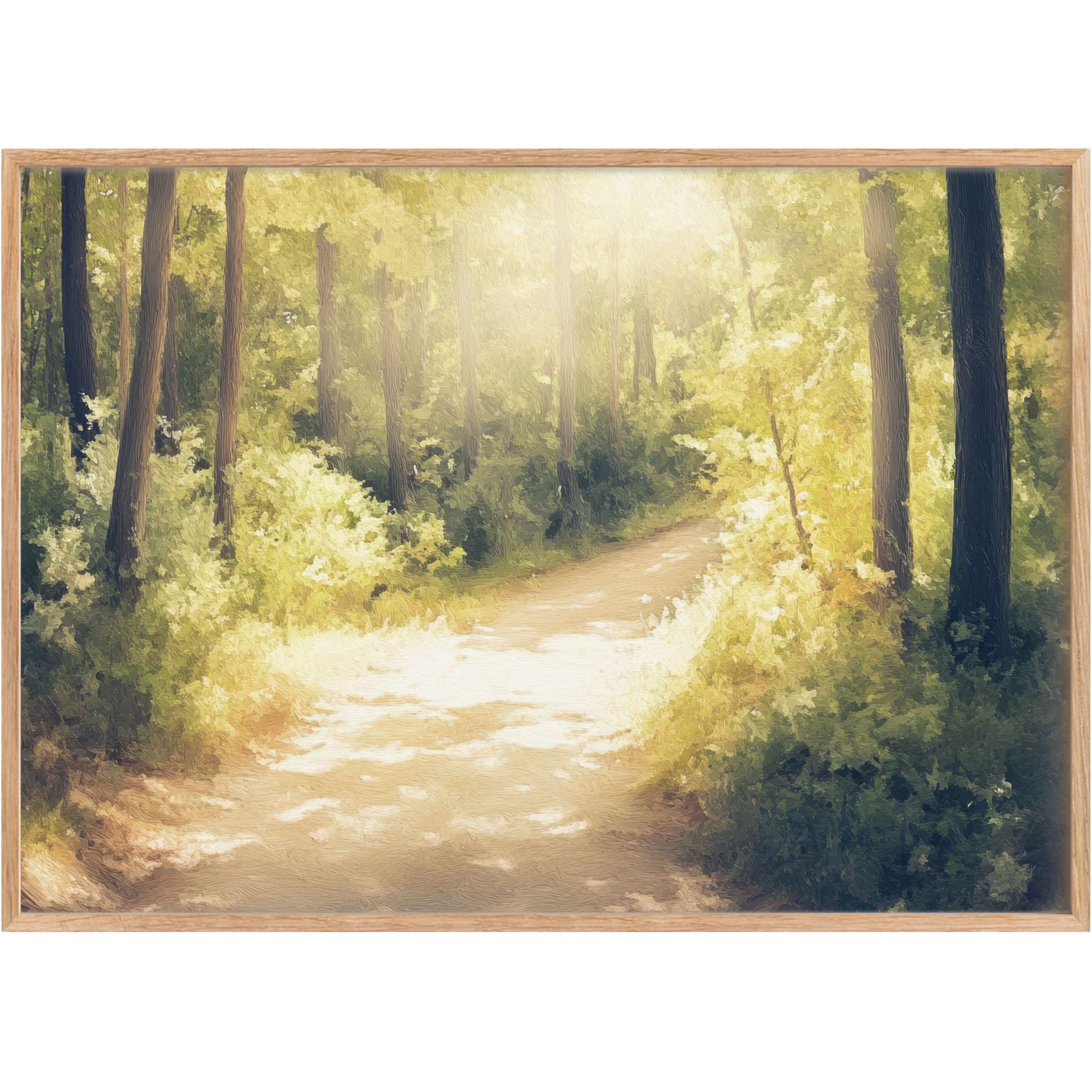 Sun-dappled forest path in warm golds and greens, infusing serene charm and radiant calm with vintage printable wall art