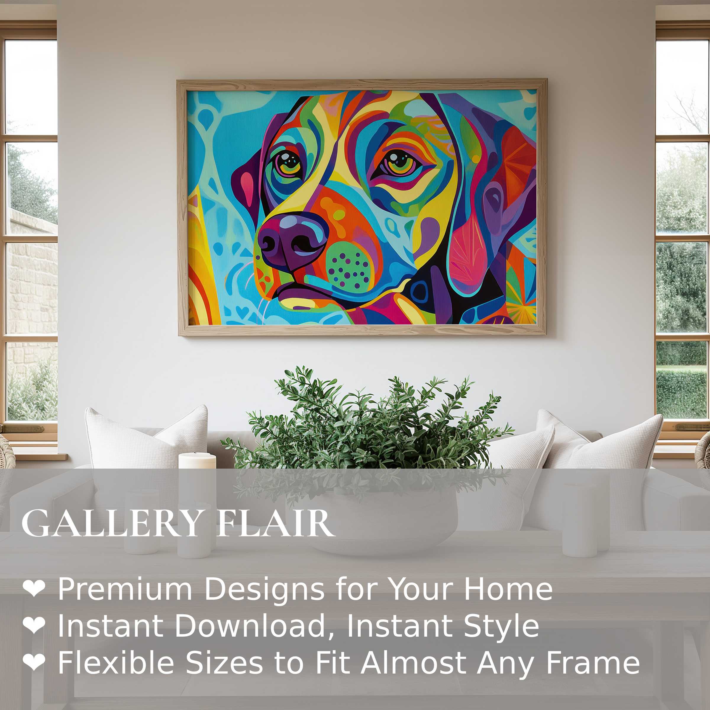Vibrant pop art wall art print of a colorful dog brings bold energy and modern charm to a clean, serene living space