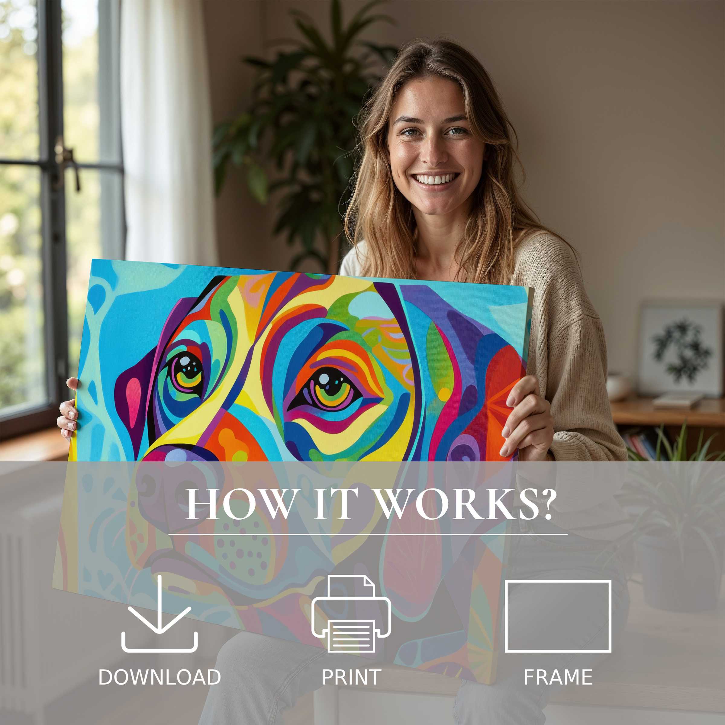 A joyful moment in a modern home, showcasing a vibrant pop art digital art print that transforms space with effortless elegance