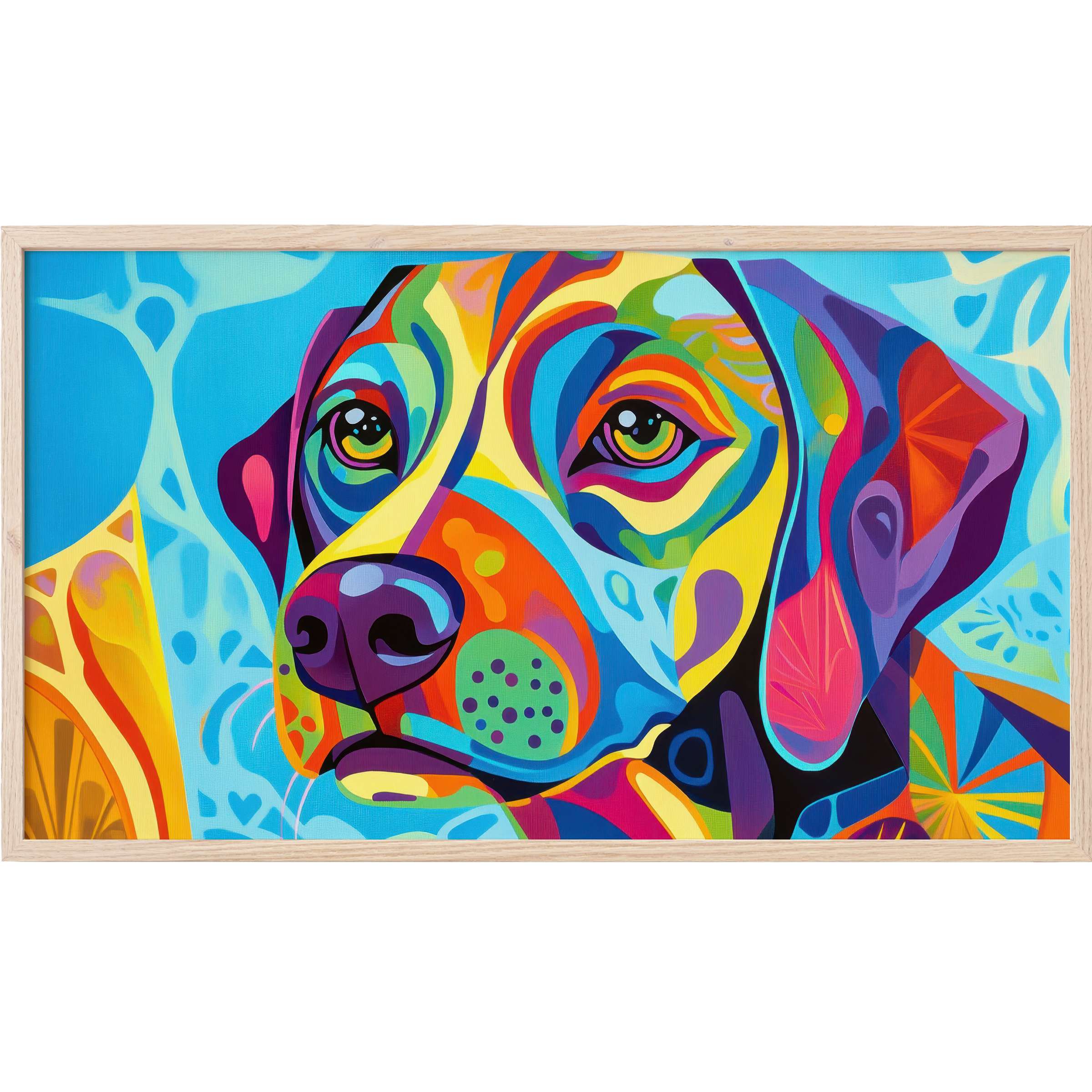 Vibrant pop art Frame TV Art of a dog's face in bold, swirling blues, yellows, reds, and purples for modern interiors