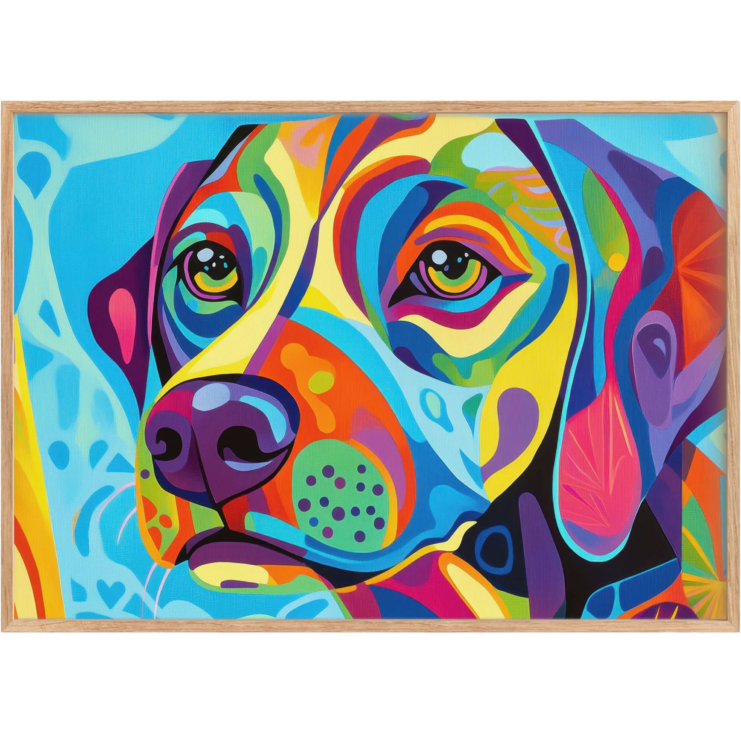 Vibrant pop art printable wall art of a dog’s soulful gaze in radiant blues, yellows, and oranges, infusing warmth and bold elegance