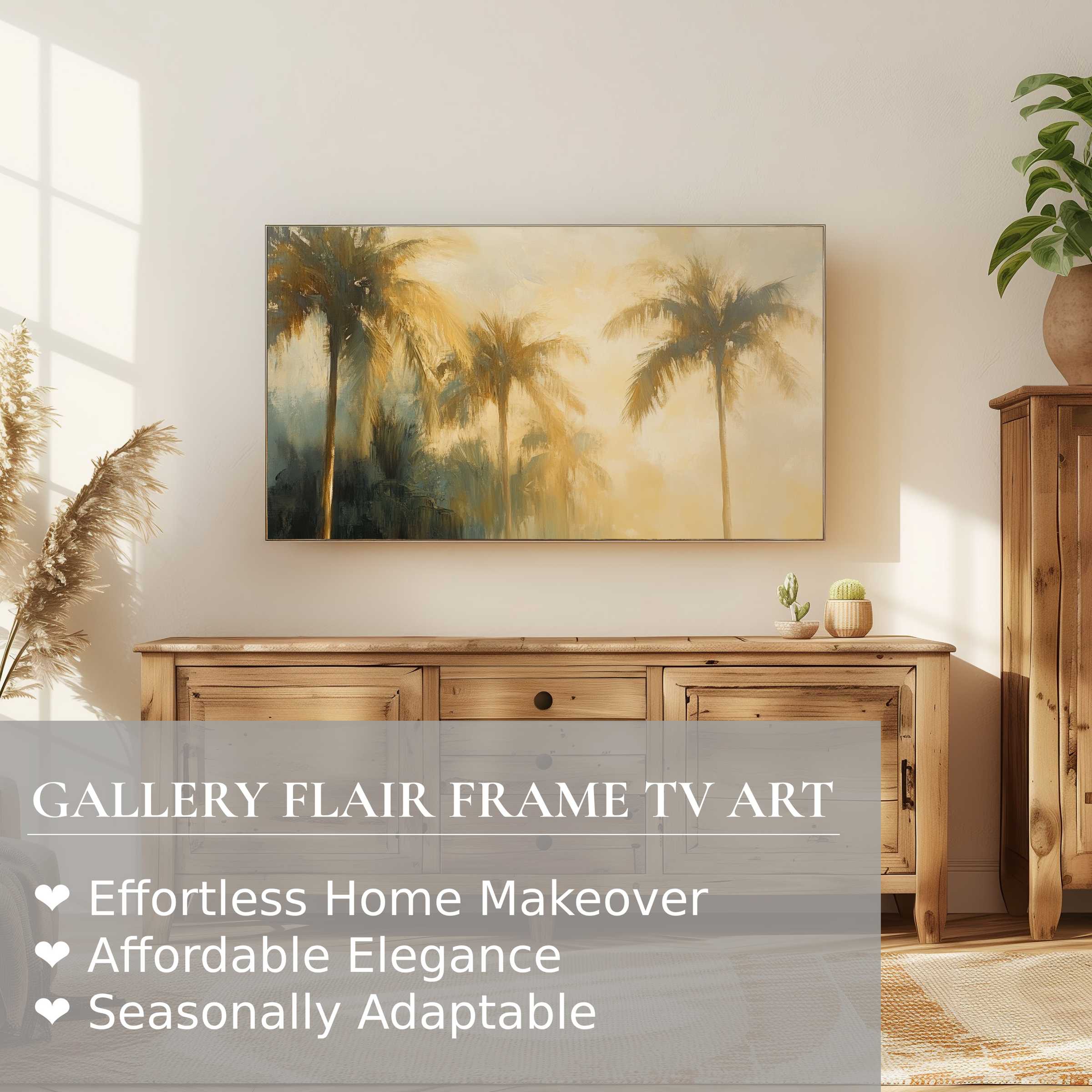 Samsung Frame TV showcasing a serene summer digital artwork of palm trees in warm, muted tones for elegant decor