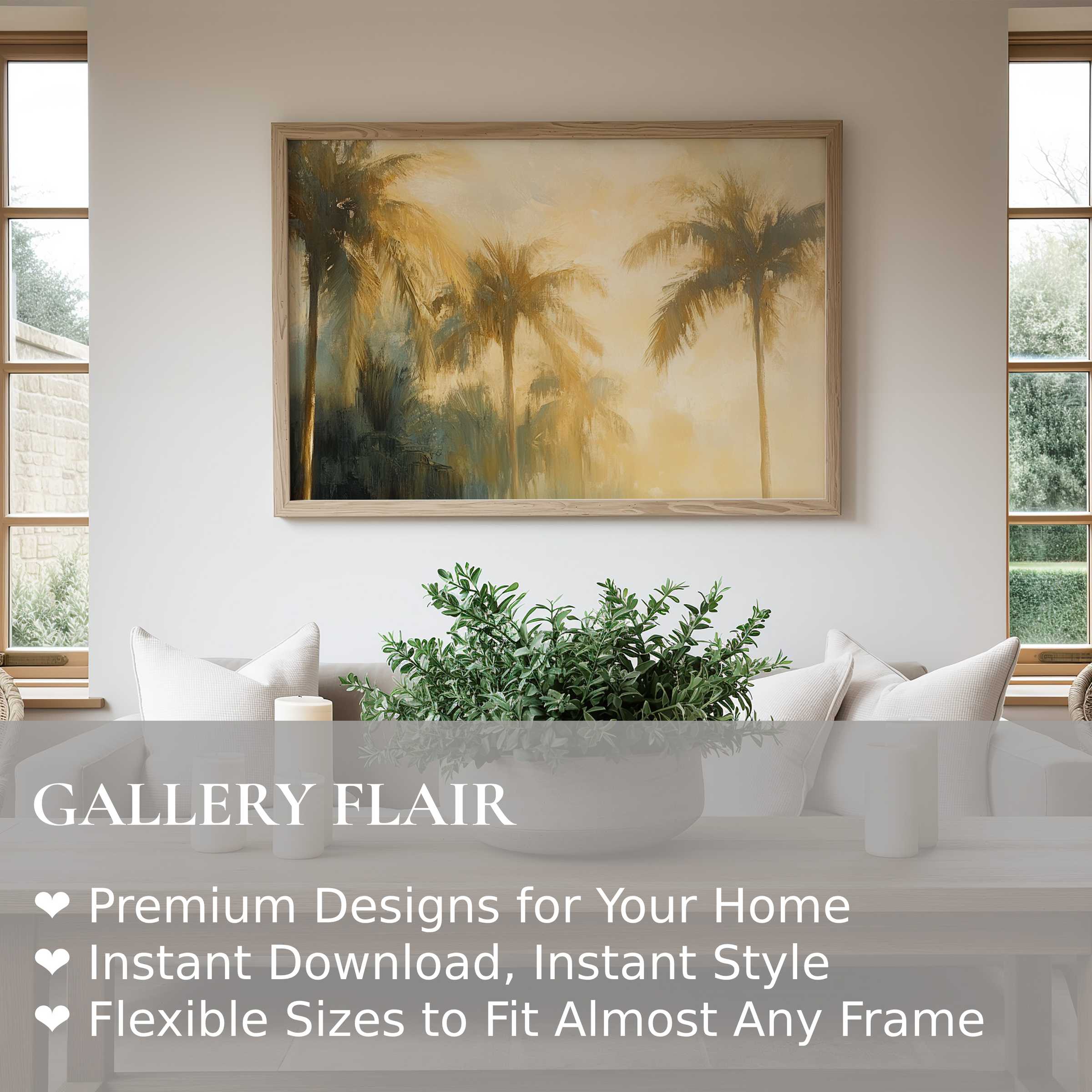 Summer wall art print featuring radiant palm trees in soft golden hues, enhancing minimalist modern interiors with calming, warm elegance