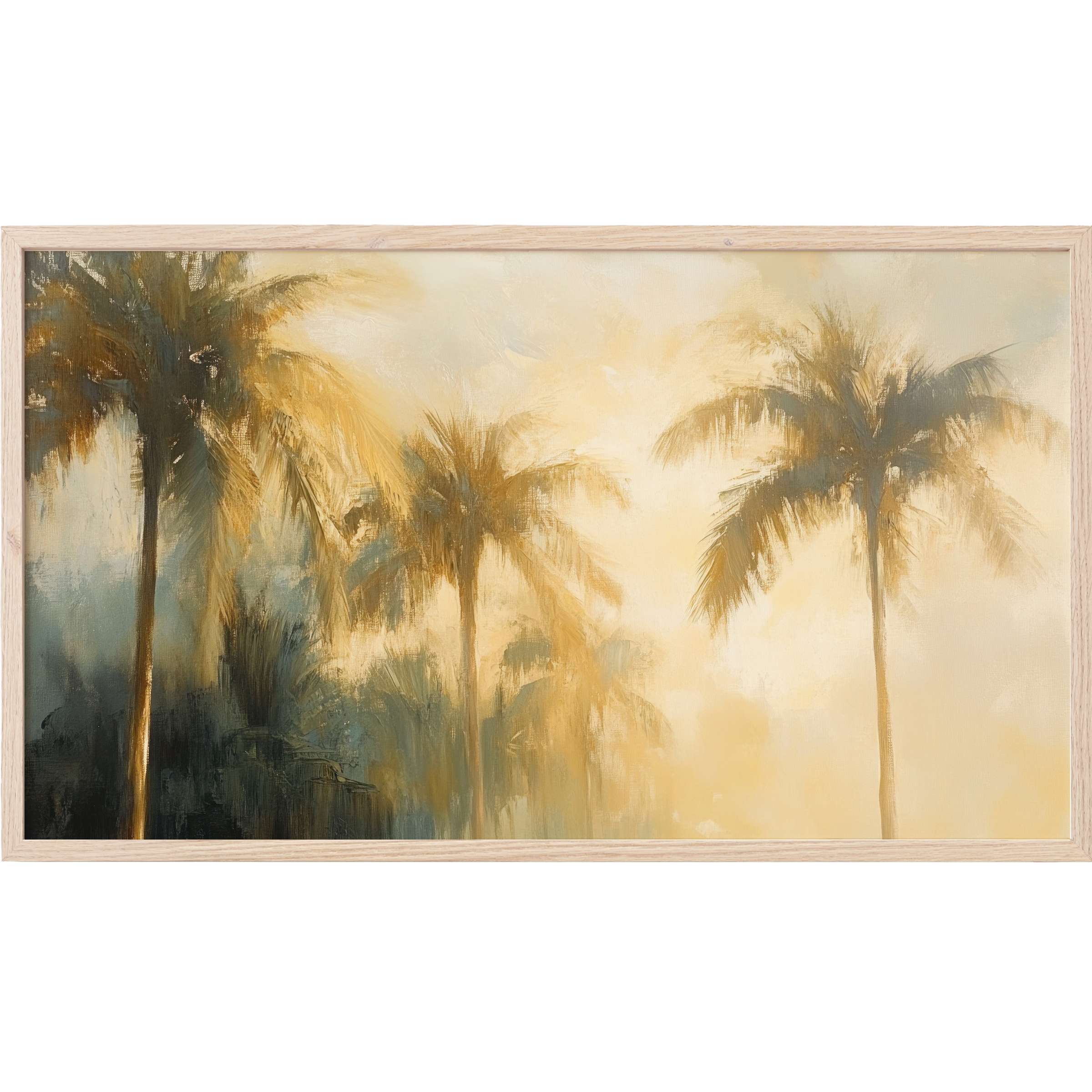 Softly blurred palm trees in warm gold and muted green hues evoke tranquility in this summer Frame TV Art