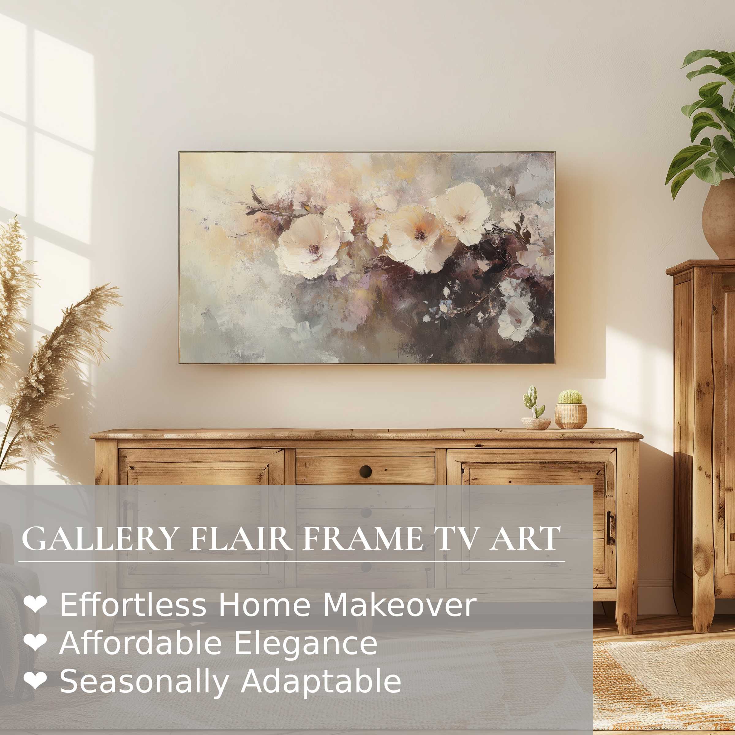 Minimalist living room with Samsung Frame TV displaying soft floral digital artwork; modern, elegant gallery decor