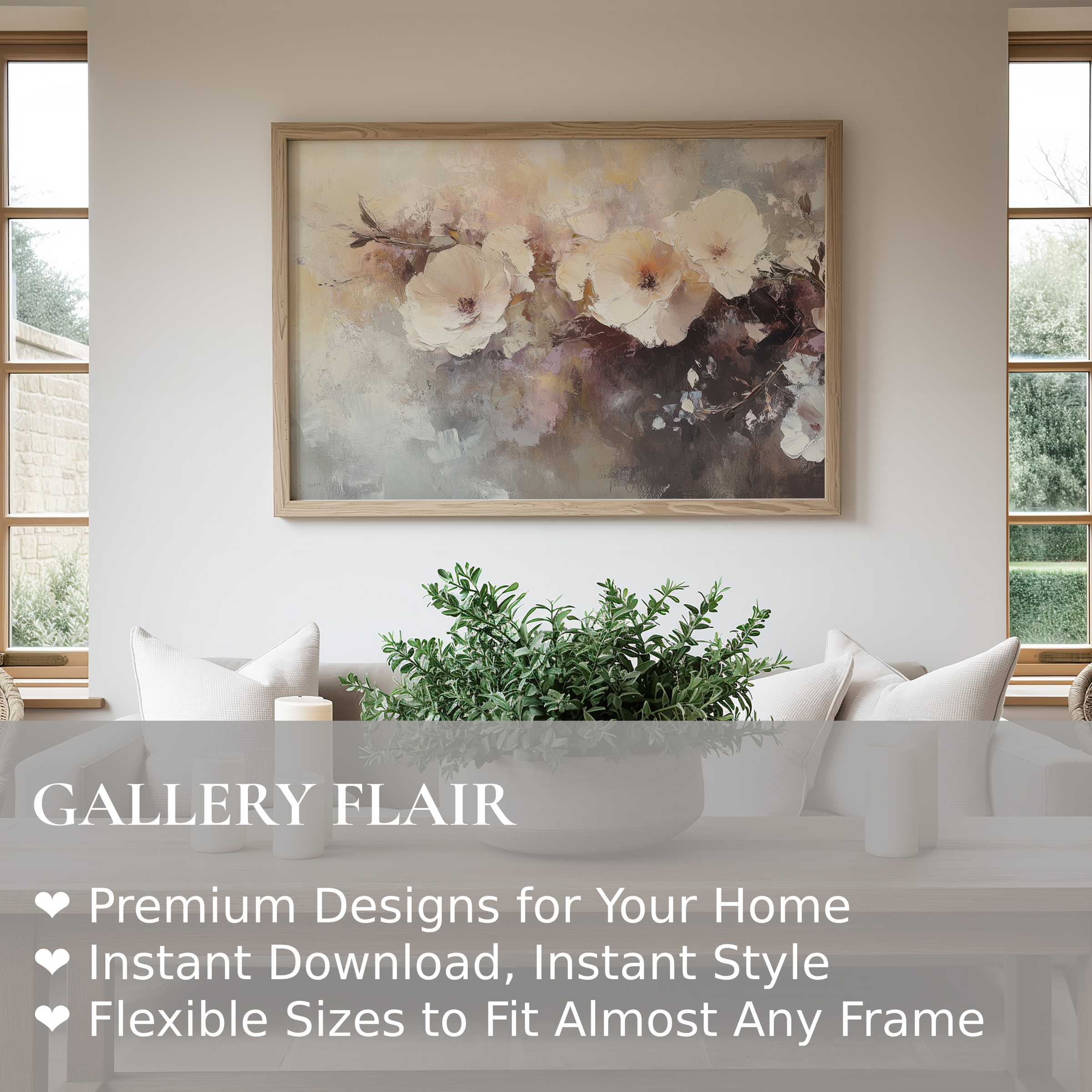 Elegant floral abstract in soft neutrals framed above a chic living space, a refined Wall Art Print for modern décor