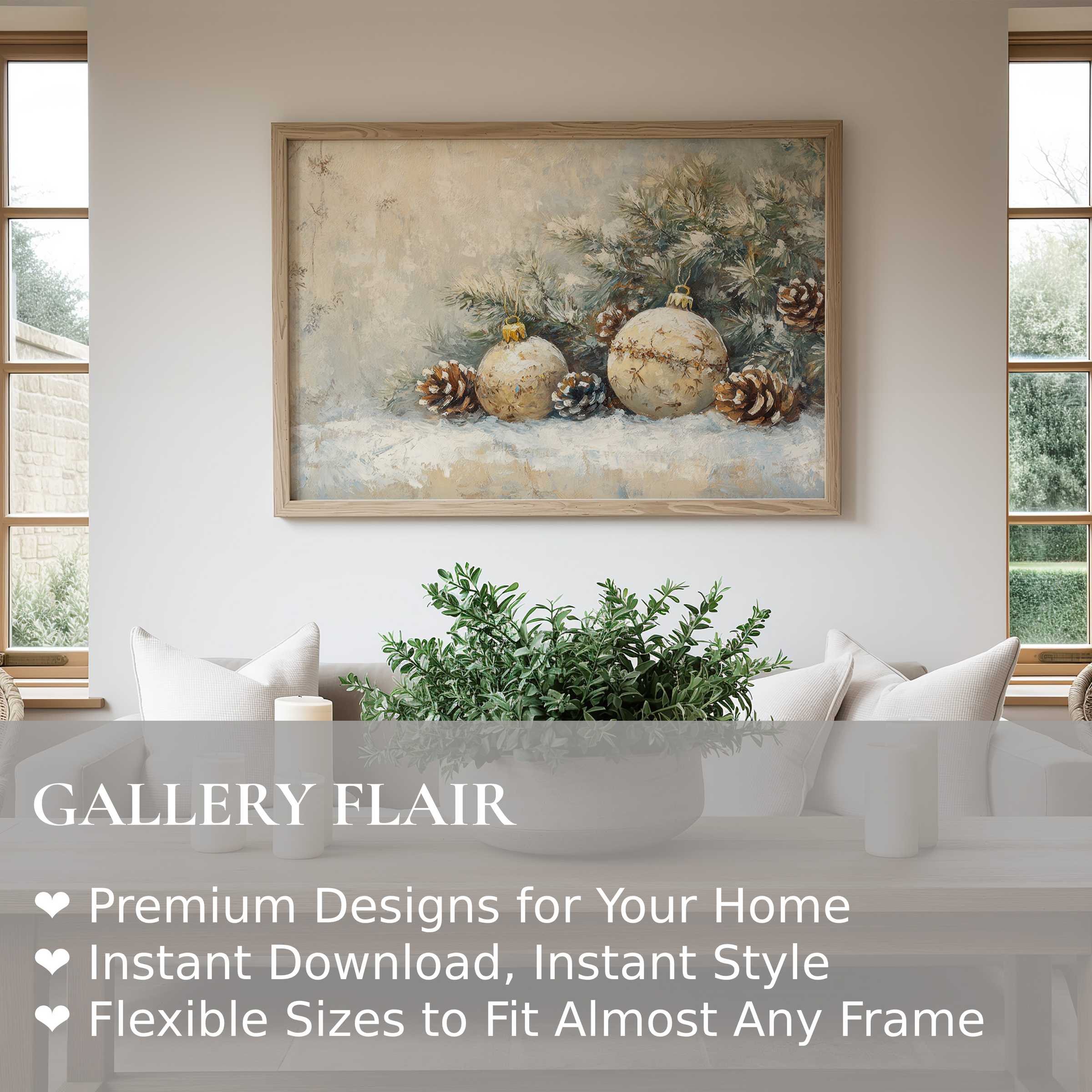 Elegant Wall Art Print of winter pinecones and ornaments, blending rustic charm with modern cozy interior decor