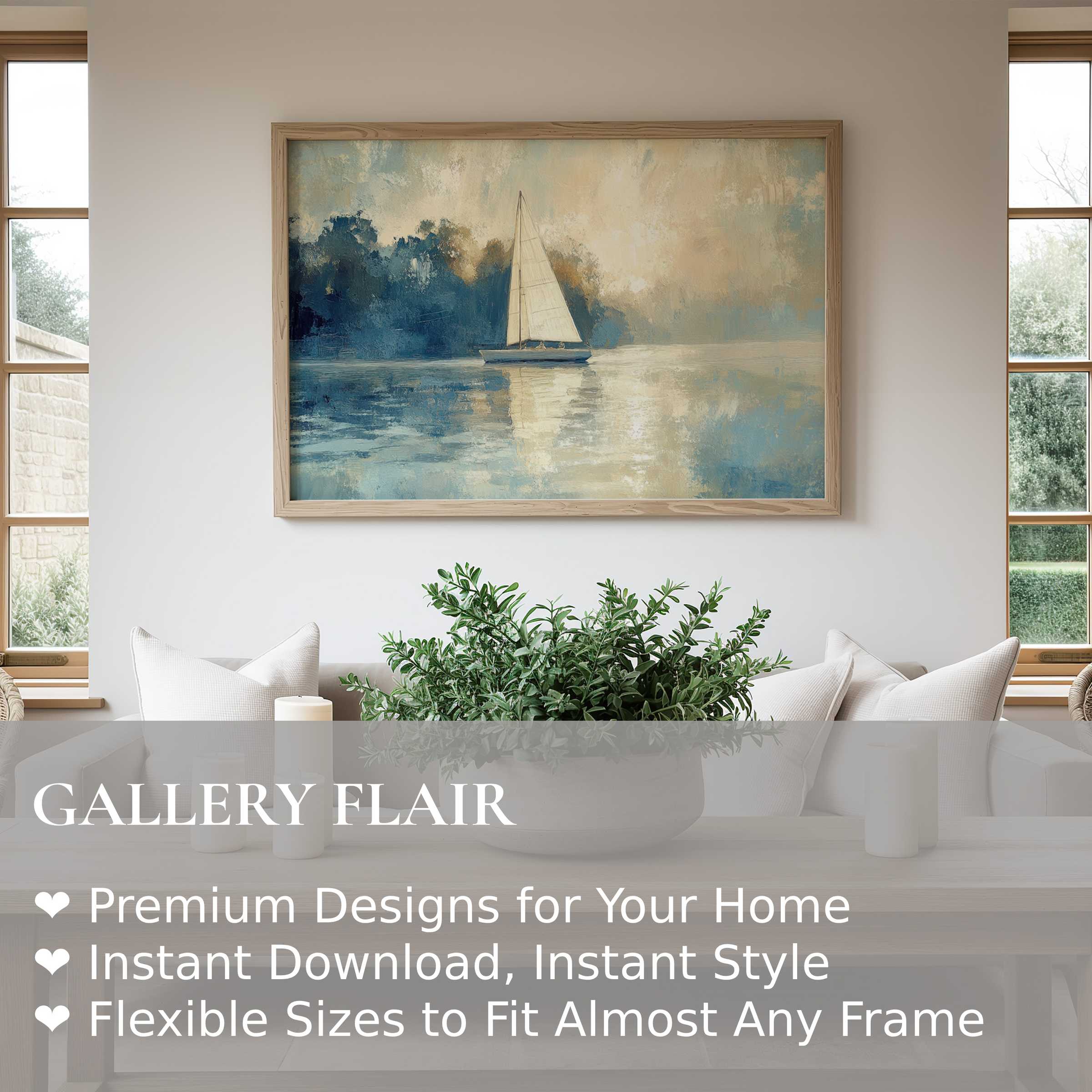 Elegant Wall Art Print depicting a serene sailboat on misty waters, perfect for refined modern home decor
