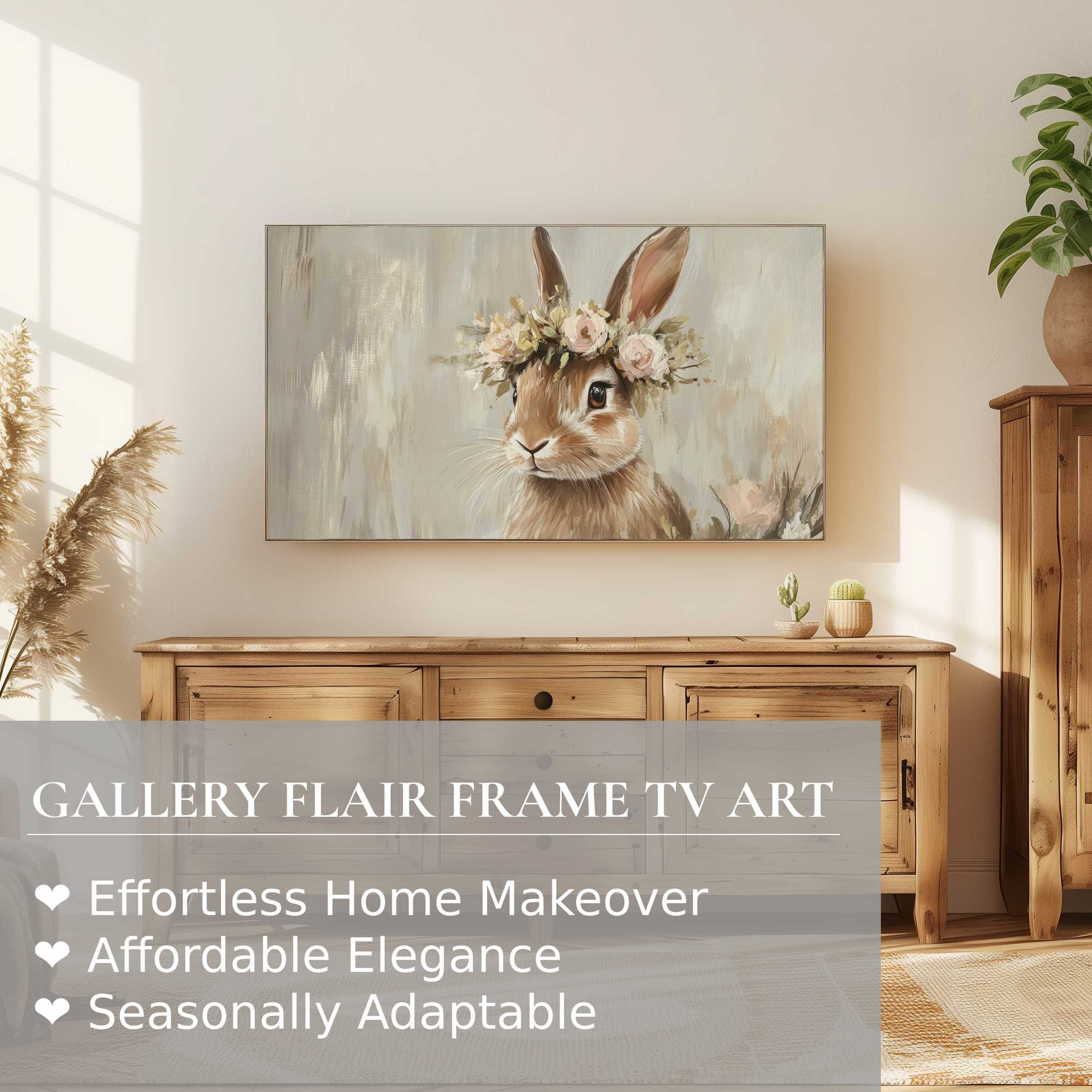 Elegant neutral living room with Samsung Frame TV displaying soft watercolor digital artwork of rabbit in floral crown