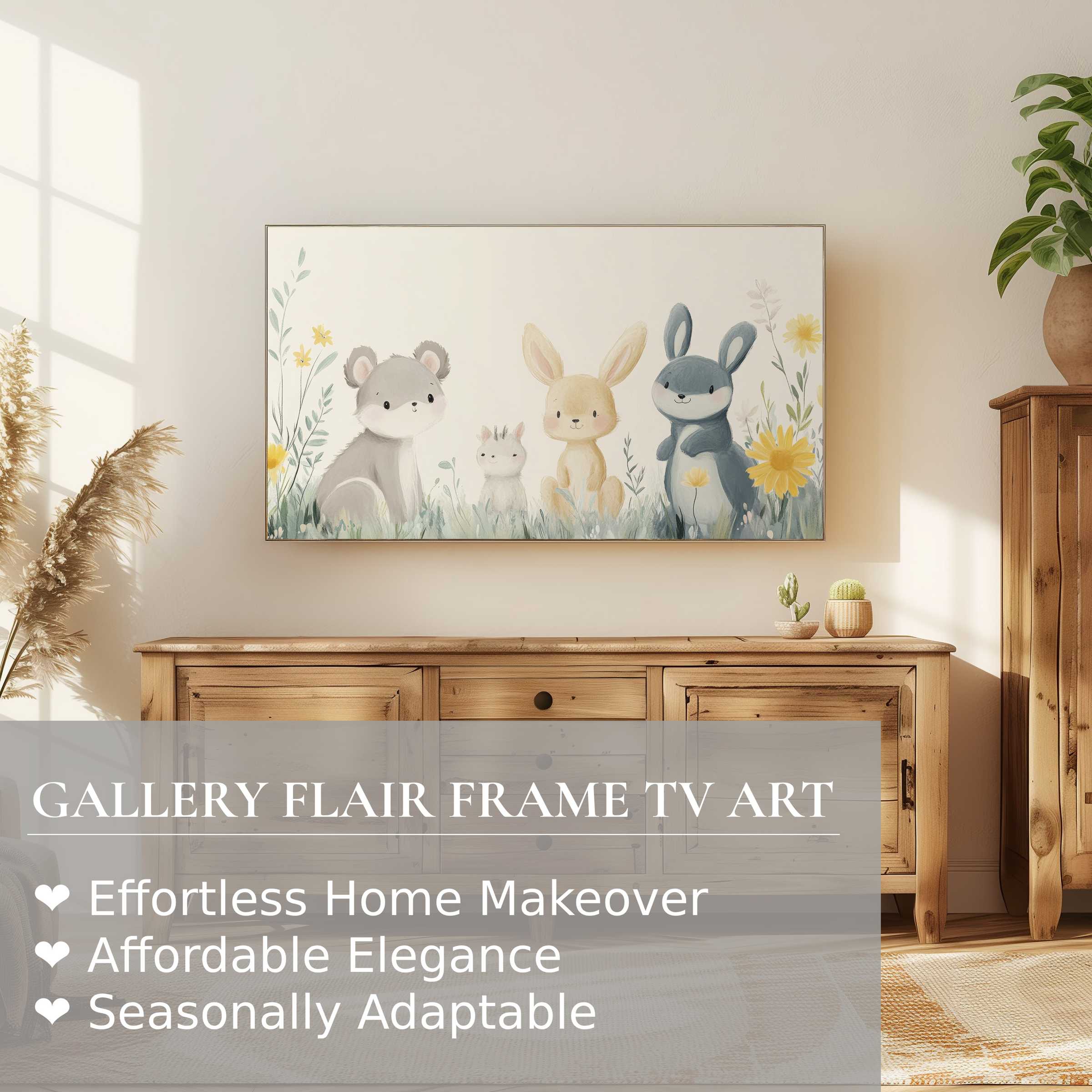 Samsung Frame TV with soft pastel digital artwork of whimsical woodland animals, elegant gallery display above console