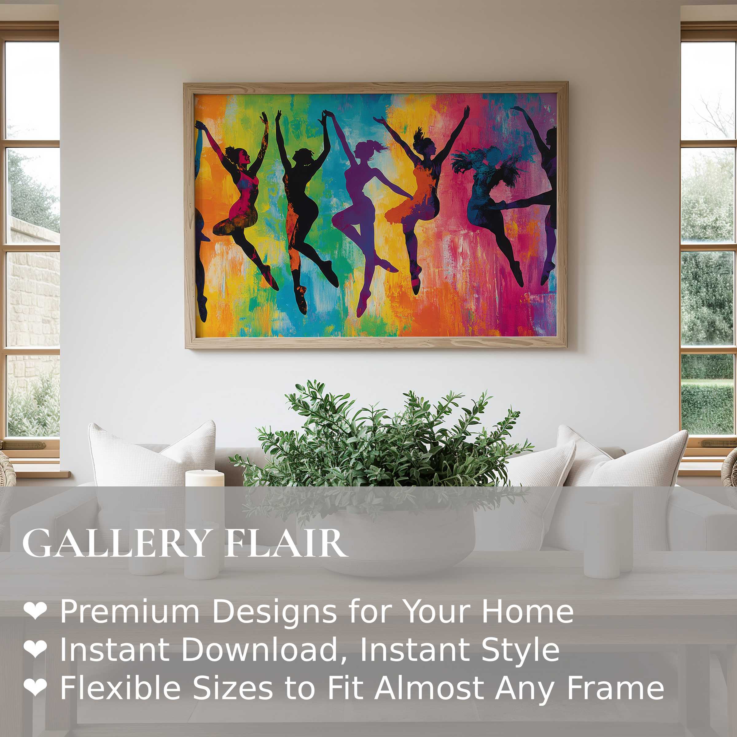 Vibrant silhouettes of dancers in motion against a bold, multicolor background Wall Art Print for modern interiors