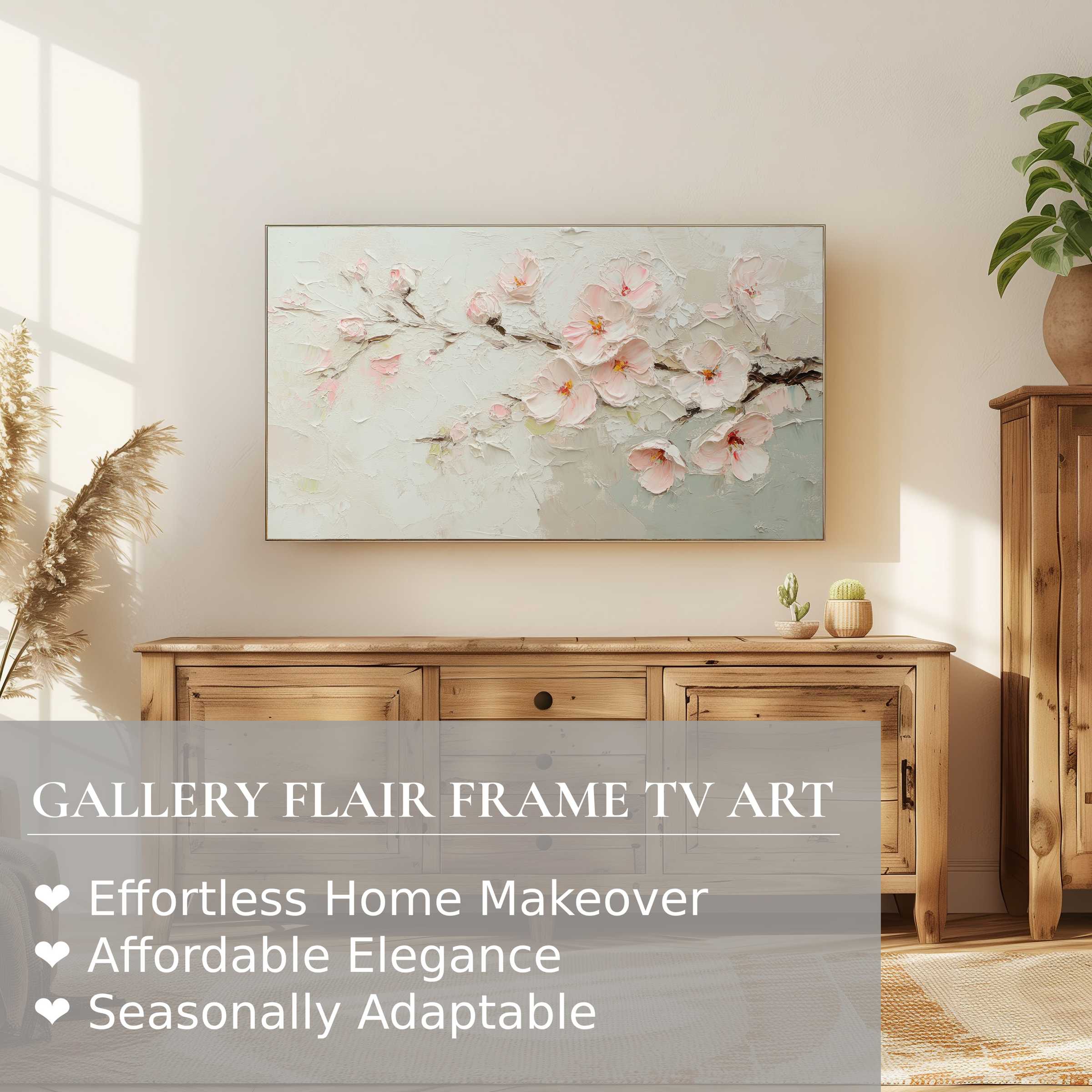 Samsung Frame TV displaying textured floral digital artwork in a sunlit modern living room, chic minimal decor
